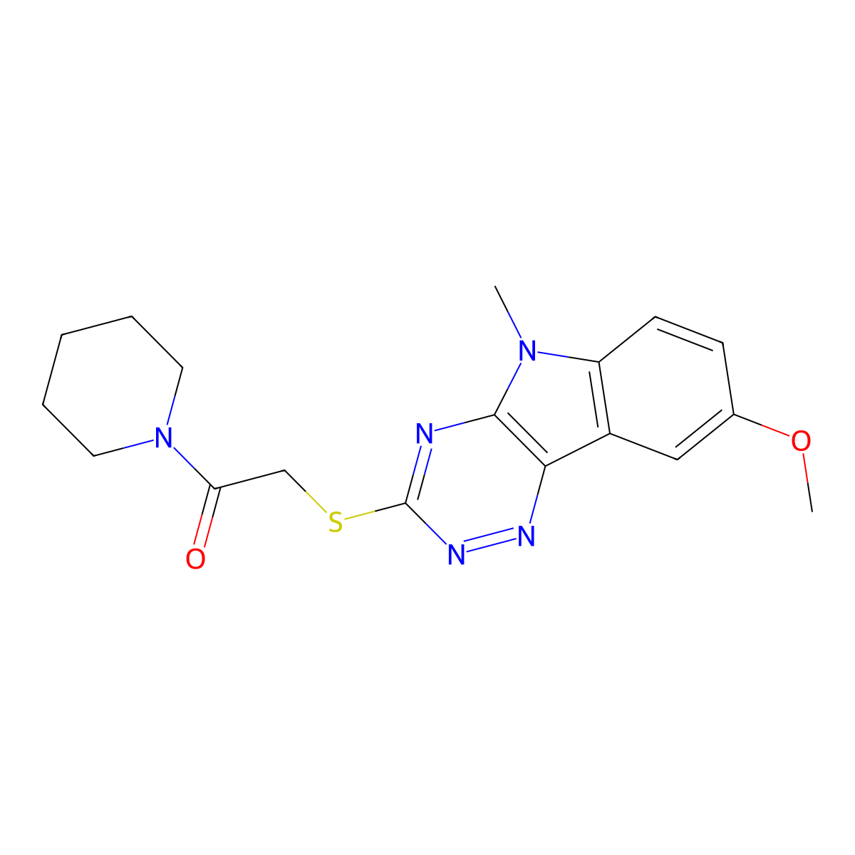 2-[(8-Methoxy-5-methyl-[1,2,4]triazino[5,6-b]indol-3-yl)sulfanyl]-1-piperidin-1-ylethanone molecular structure, CAS 603947-53-1