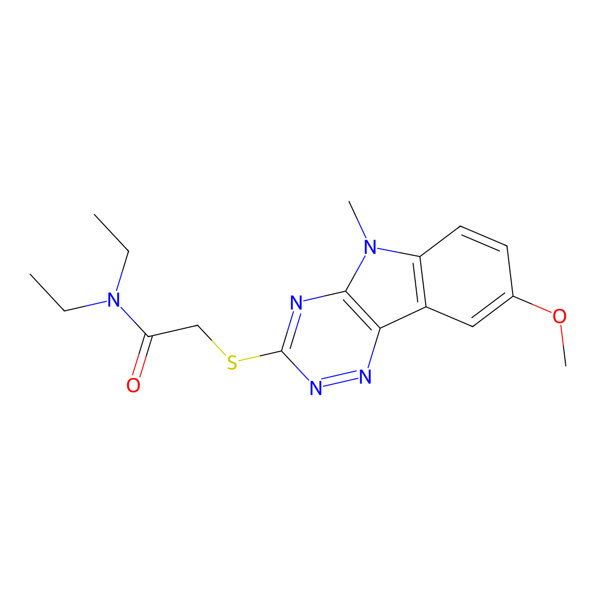 N,N-diethyl-2-[(8-methoxy-5-methyl-[1,2,4]triazino[5,6-b]indol-3-yl)sulfanyl]acetamide molecular structure, CAS 603947-54-2