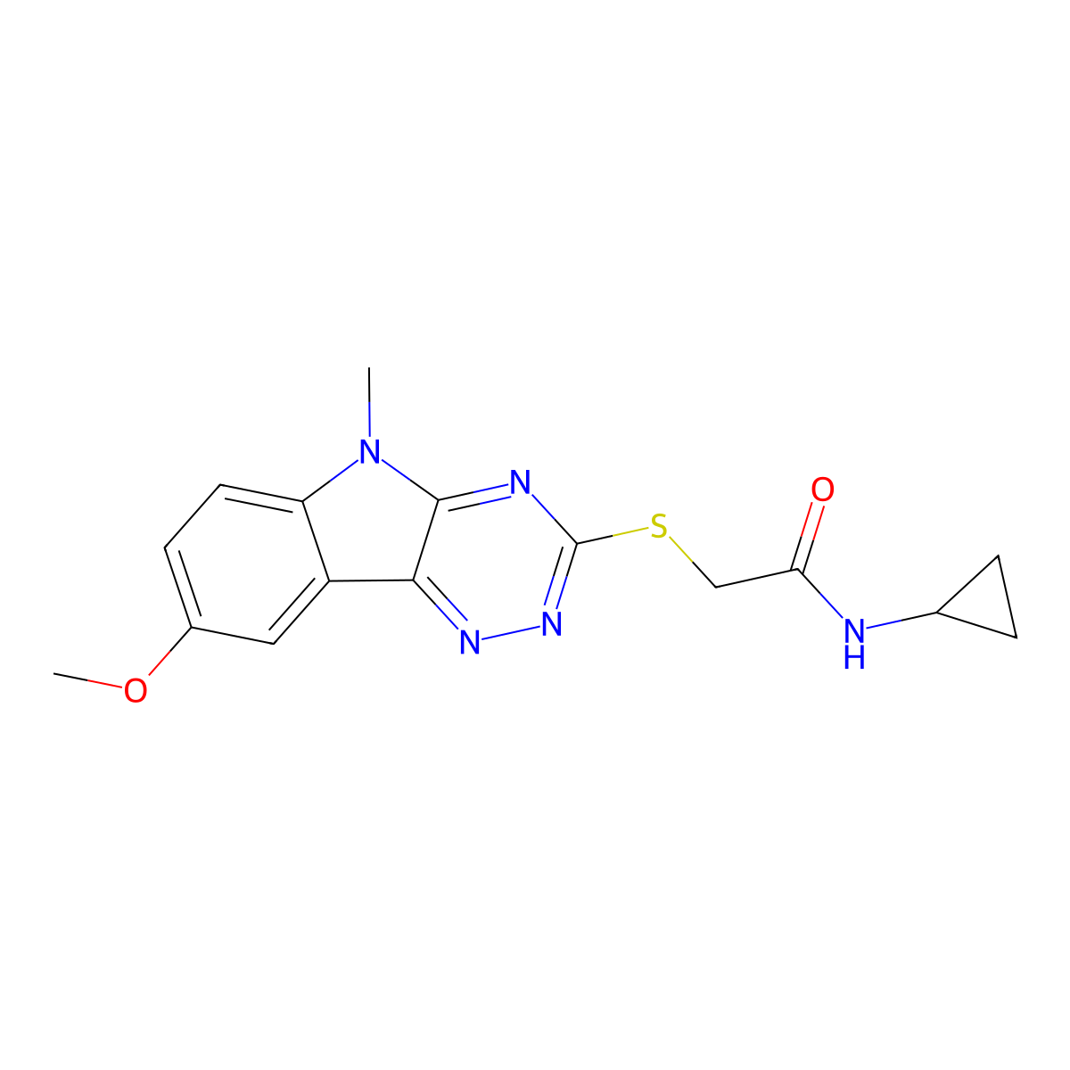 N-cyclopropyl-2-[(8-methoxy-5-methyl-[1,2,4]triazino[5,6-b]indol-3-yl)sulfanyl]acetamide molecular structure, CAS 603947-62-2