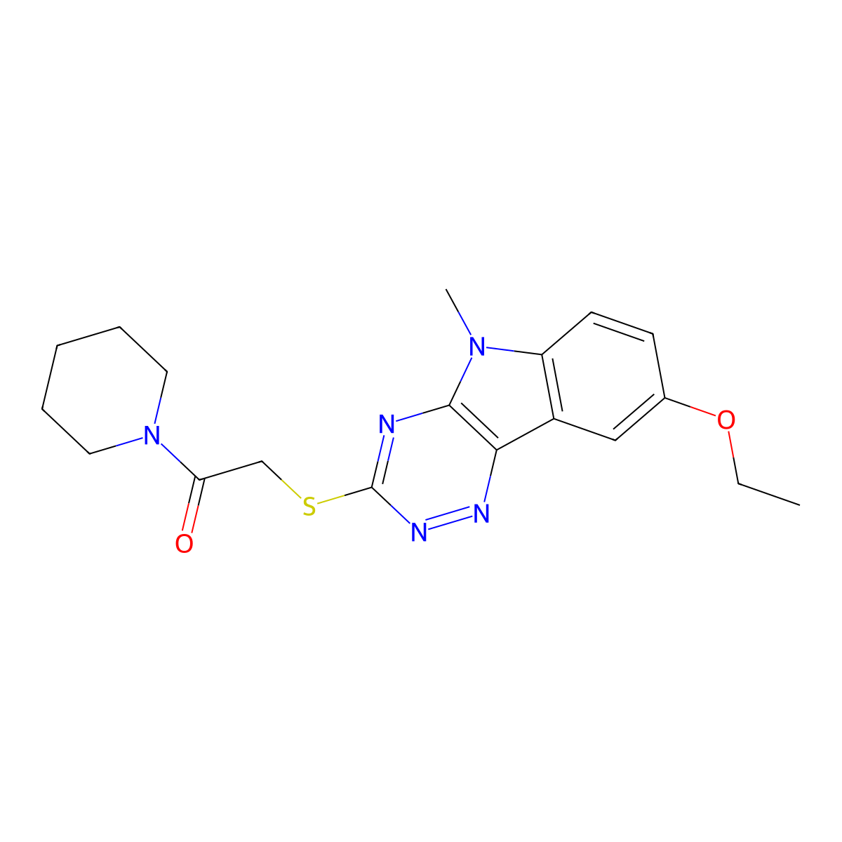 2-[(8-Ethoxy-5-methyl-[1,2,4]triazino[5,6-b]indol-3-yl)sulfanyl]-1-piperidin-1-ylethanone molecular structure, CAS 603947-74-6