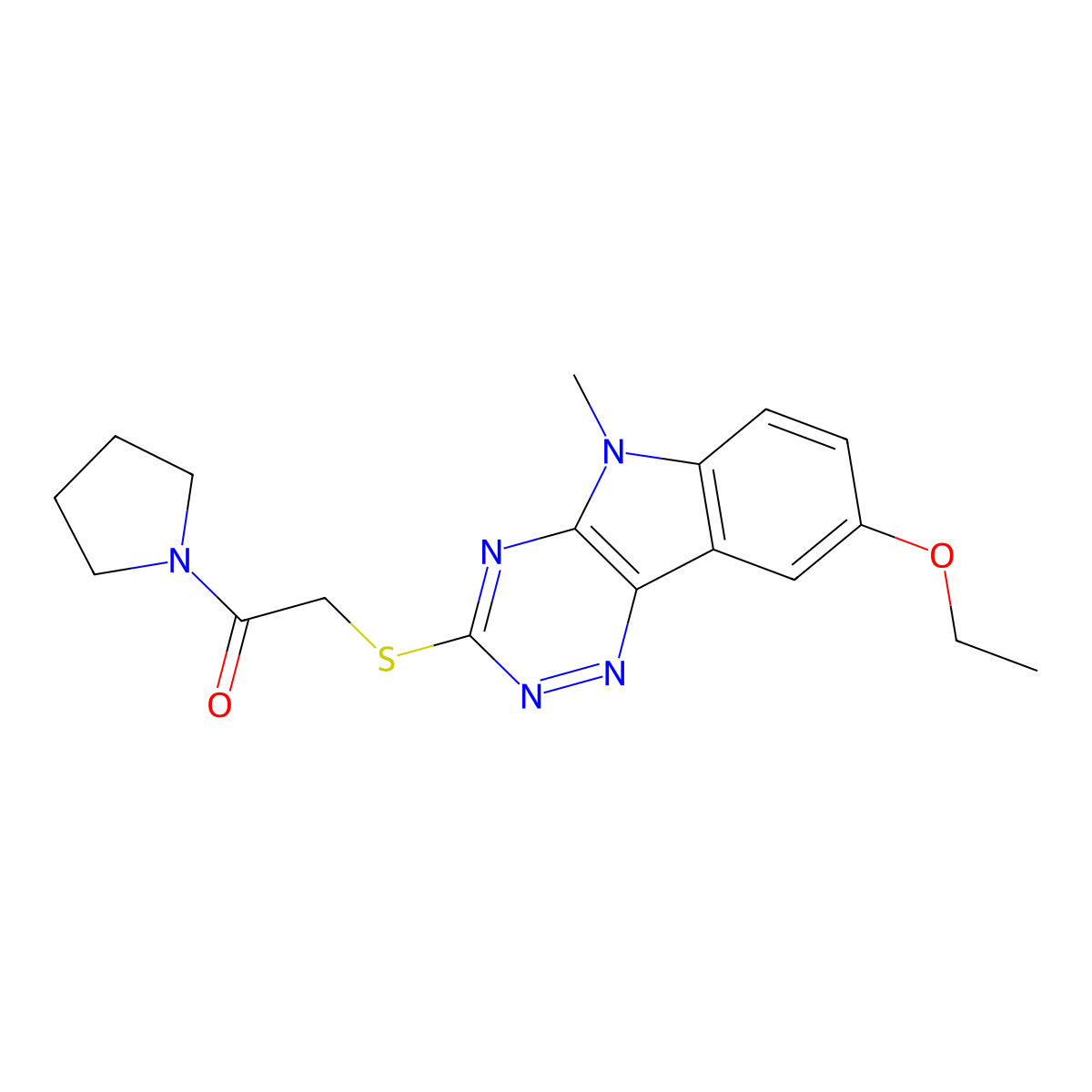 2-[(8-Ethoxy-5-methyl-[1,2,4]triazino[5,6-b]indol-3-yl)sulfanyl]-1-pyrrolidin-1-ylethanone molecular structure, CAS 603947-77-9