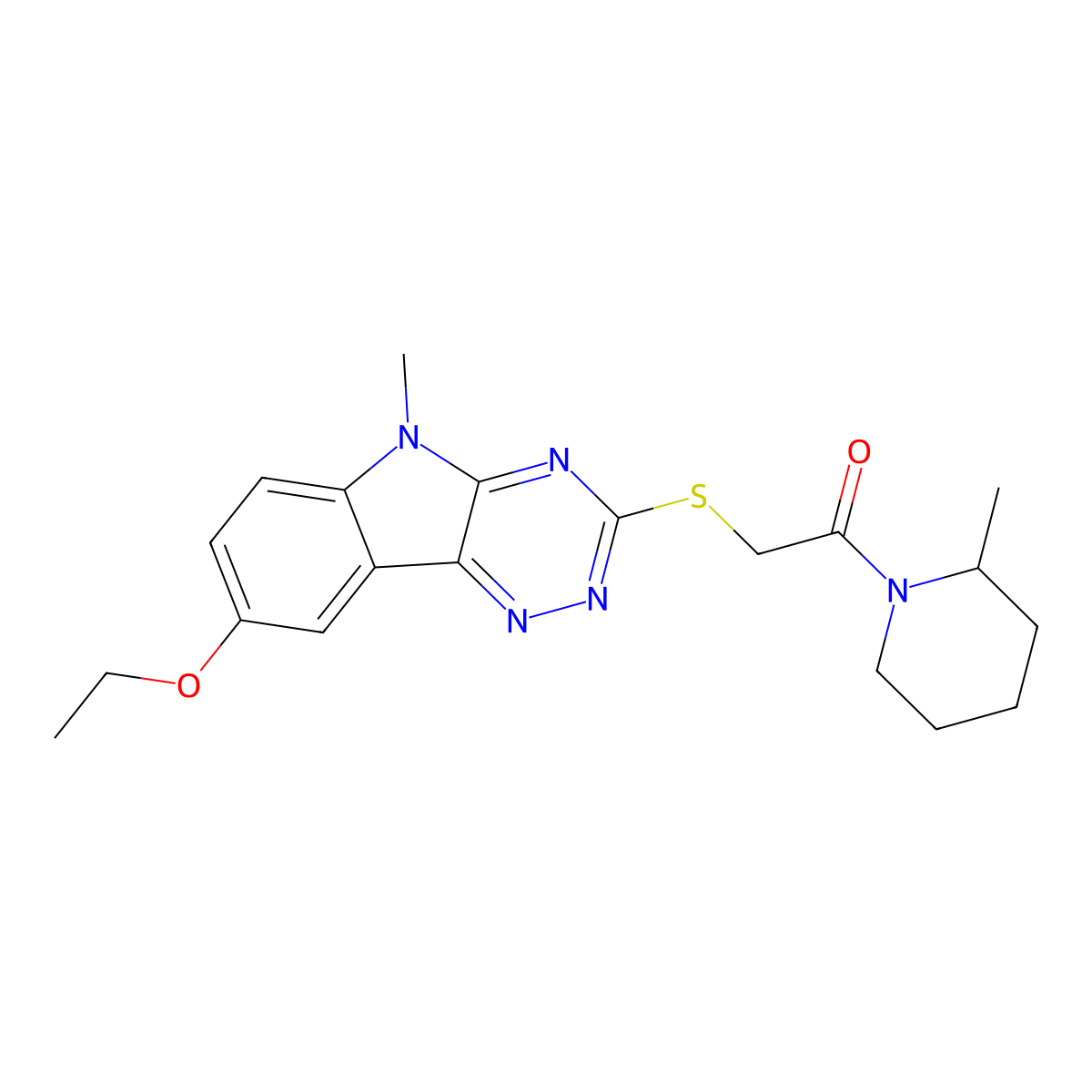 2-(8-Ethoxy-5-methyl-5H-[1,2,4]triazino[5,6-b]indol-3-ylsulfanyl)-1-(2-methyl-piperidin-1-yl)-ethanone molecular structure, CAS 603947-81-5