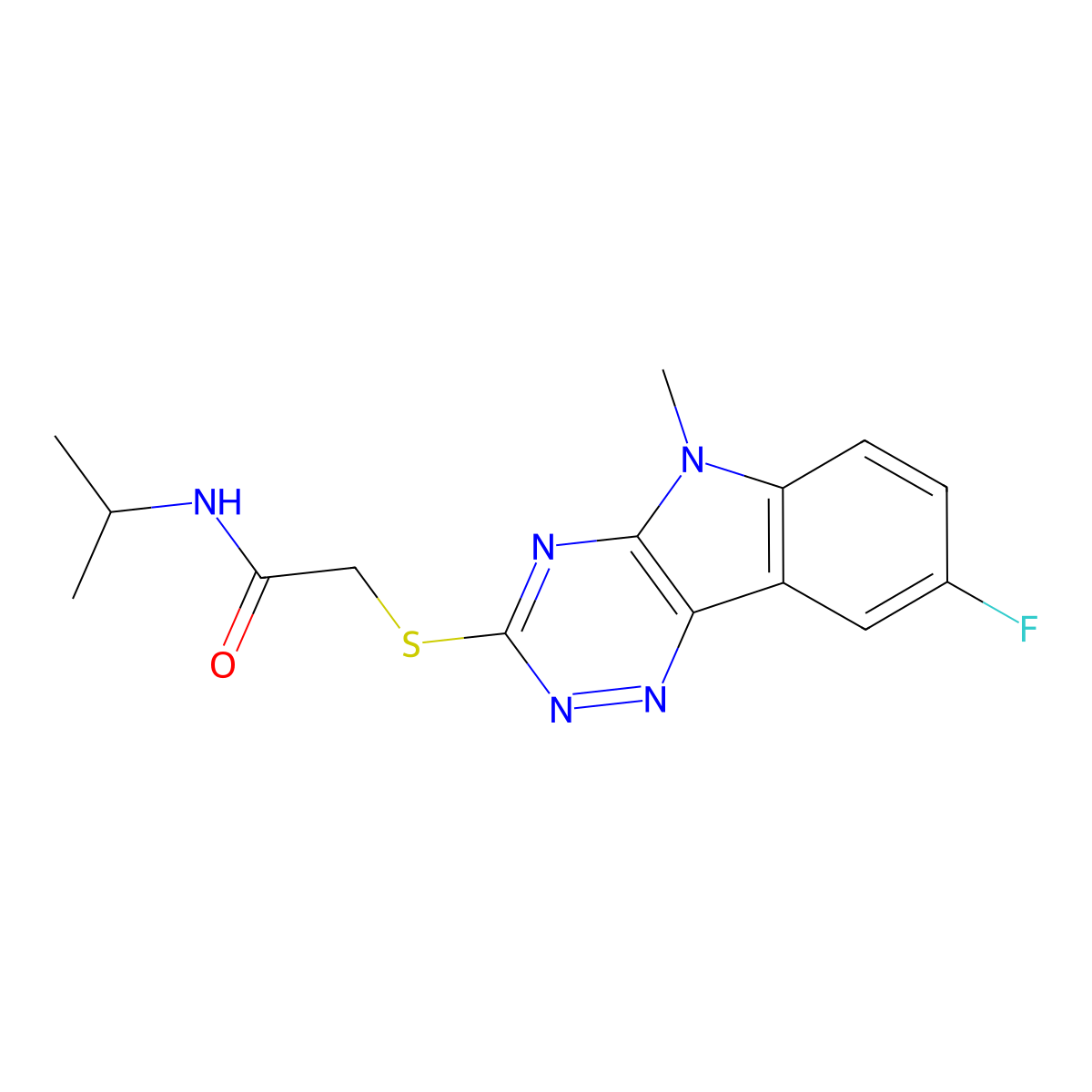 Acetamide,2-[(8-fluoro-5-methyl-5H-1,2,4-triazino[5,6-B]indol-3-YL)thio]-N-(isopropyl)- molecular structure, CAS 603948-23-8