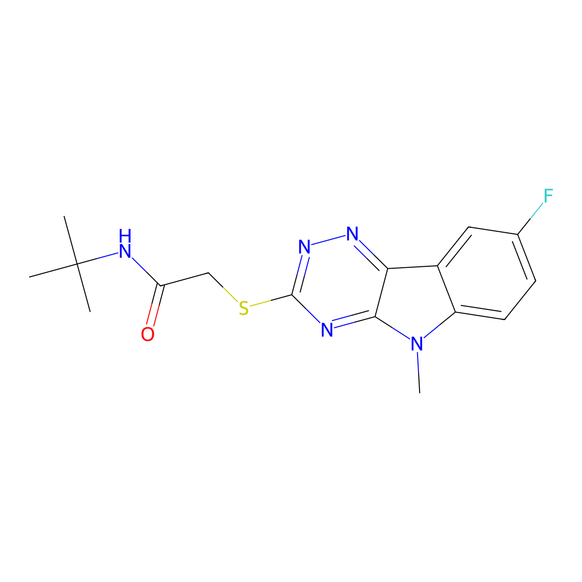 N-tert-butyl-2-[(8-fluoro-5-methyl-[1,2,4]triazino[5,6-b]indol-3-yl)sulfanyl]acetamide molecular structure, CAS 603948-24-9