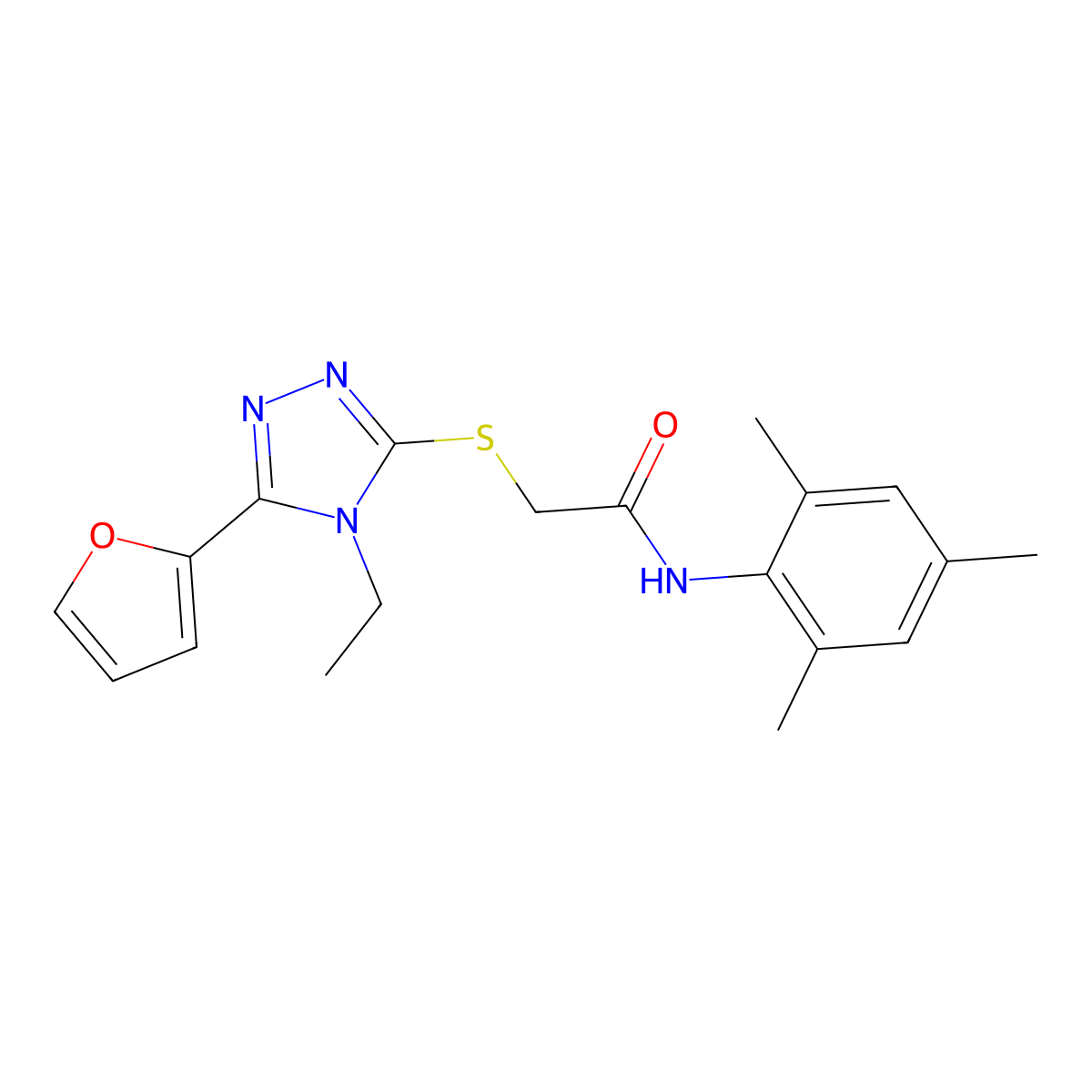 2-((4-Ethyl-5-(2-furyl)-4H-1,2,4-triazol-3-YL)thio)-N-mesitylacetamide molecular structure, CAS 603978-78-5