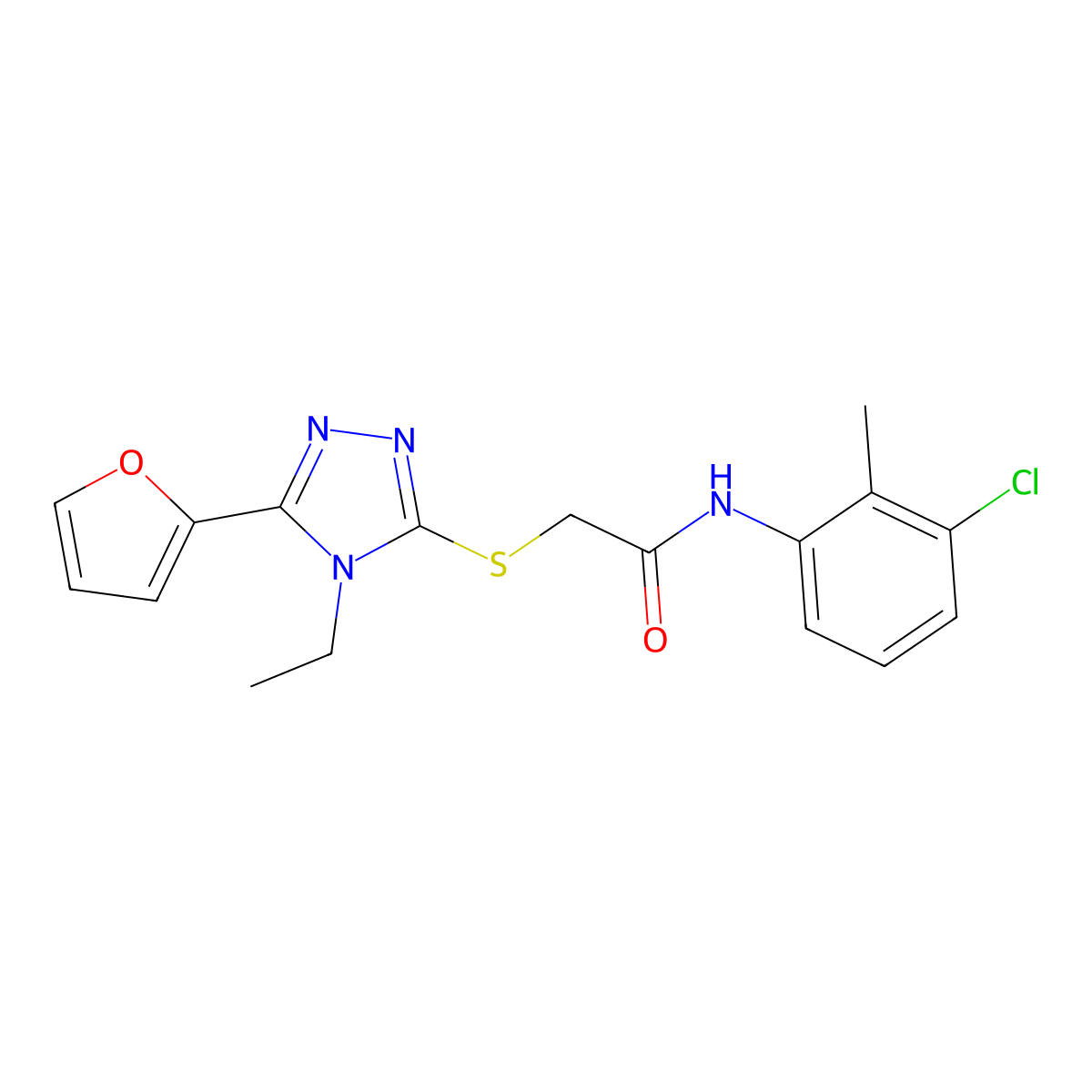 N-(3-Chloro-2-methylphenyl)-2-((4-ethyl-5-(2-furyl)-4H-1,2,4-triazol-3-YL)sulfanyl)acetamide molecular structure, CAS 603978-94-5