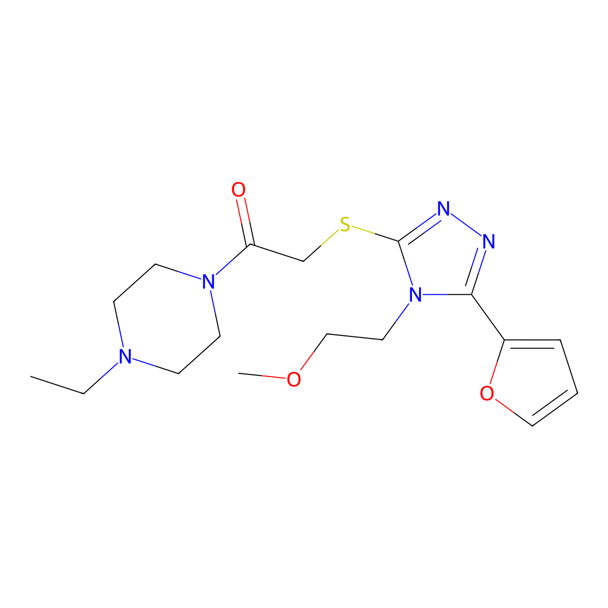 Piperazine, 1-ethyl-4-[[[5-(2-furanyl)-4-(2-methoxyethyl)-4H-1,2,4-triazol-3-YL]thio]acetyl]- molecular structure, CAS 603981-82-4