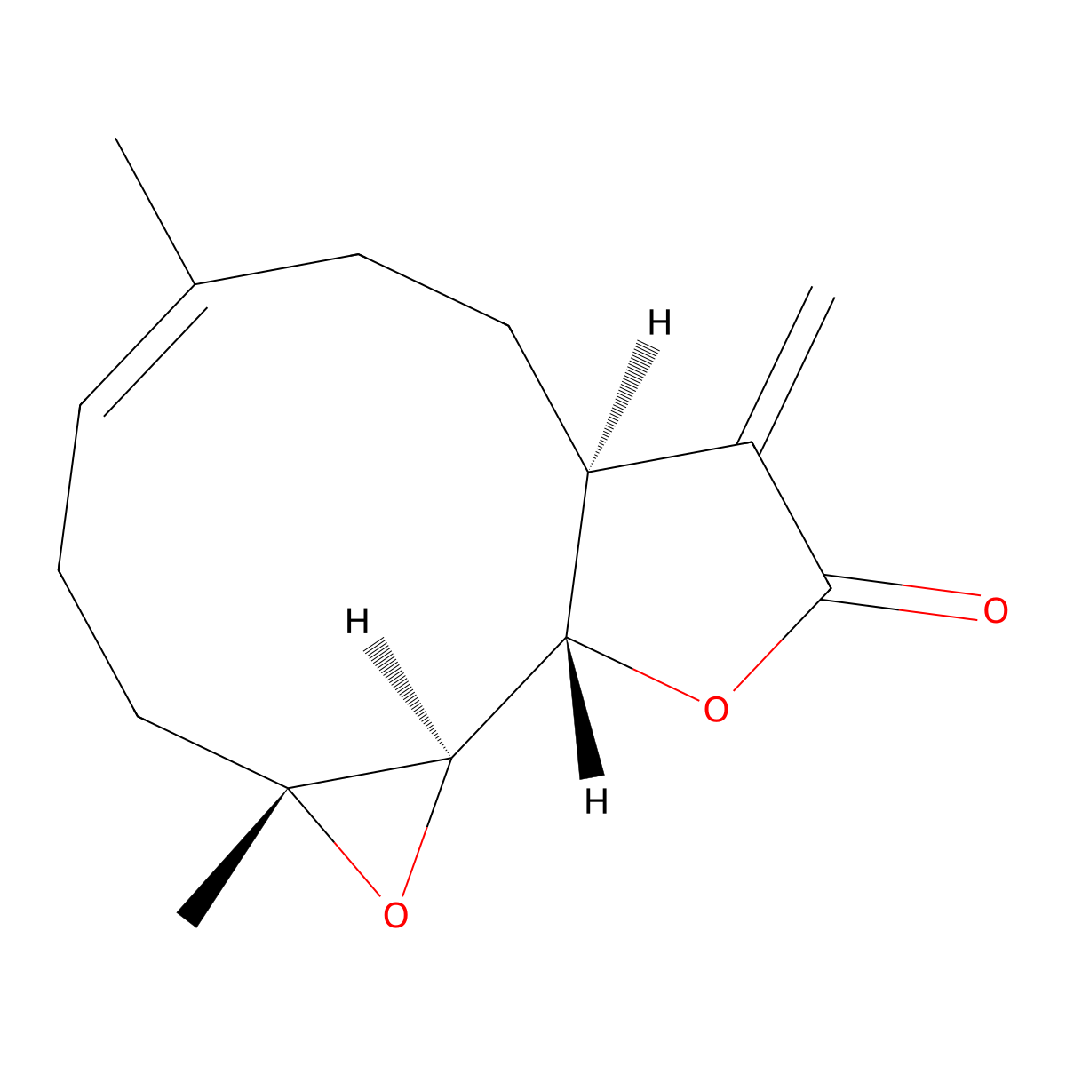 Oxireno9,10cyclodeca1,2-bfuran-9(1aH)-one, 2,3,6,7,7a,8,10a,10b-octahydro-1a,5-dimethyl-8-methylene-, (1aR,4E,7aS,10aS,10bR)- molecular structure, CAS 604004-27-5