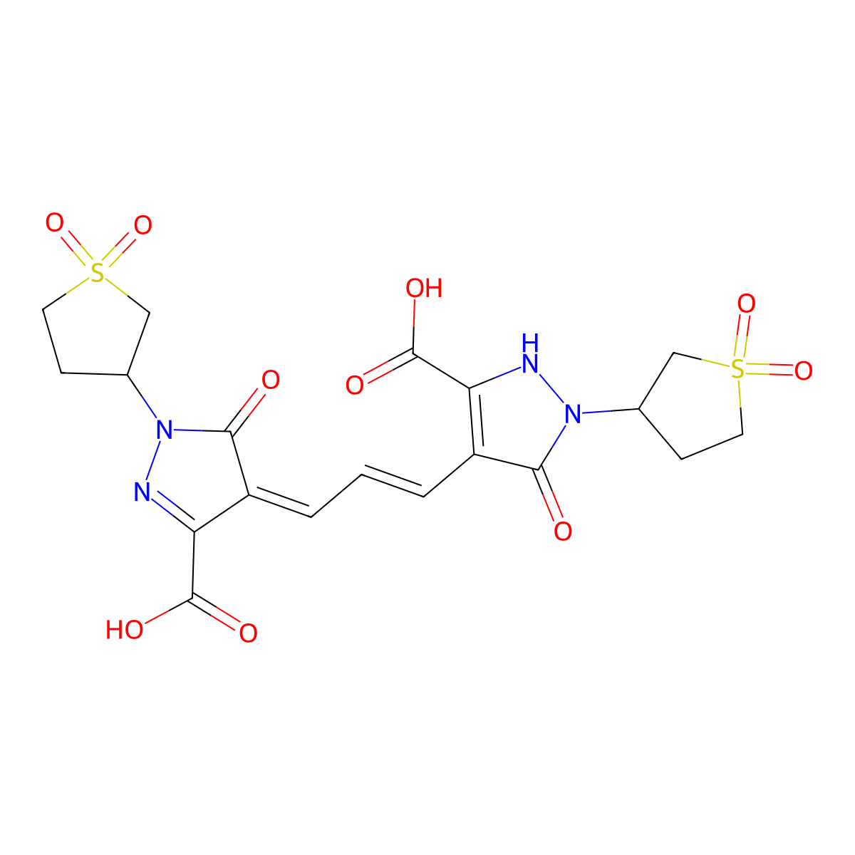 4-(3-(3-carboxy-5-hydroxy-1-(tetrahydro-3-thienyl)-1H-pyrazol-4-yl)allylidene)-4,5-dihydro-5-oxo-1-(tetrahydro-3-thienyl)-1H-pyrazole-3-carboxylic acid S,S,S',S'-tetraoxide molecular structure, CAS 60404-77-5