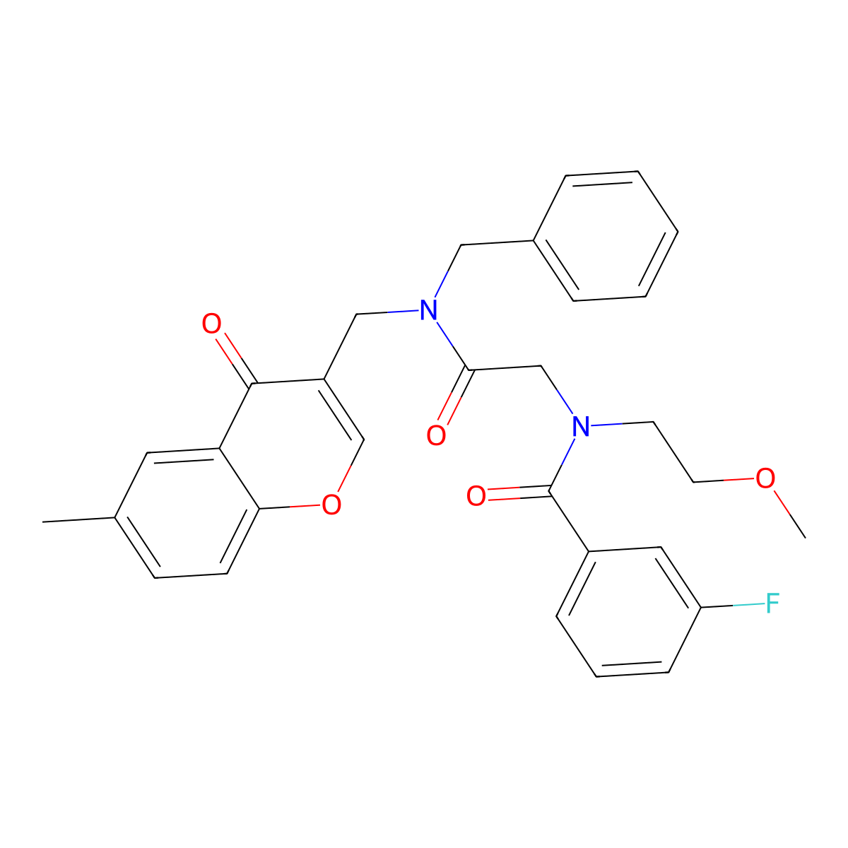 N-[2-[benzyl-[(6-methyl-4-oxochromen-3-yl)methyl]amino]-2-oxoethyl]-3-fluoro-N-(2-methoxyethyl)benzamide molecular structure, CAS 6041-46-9