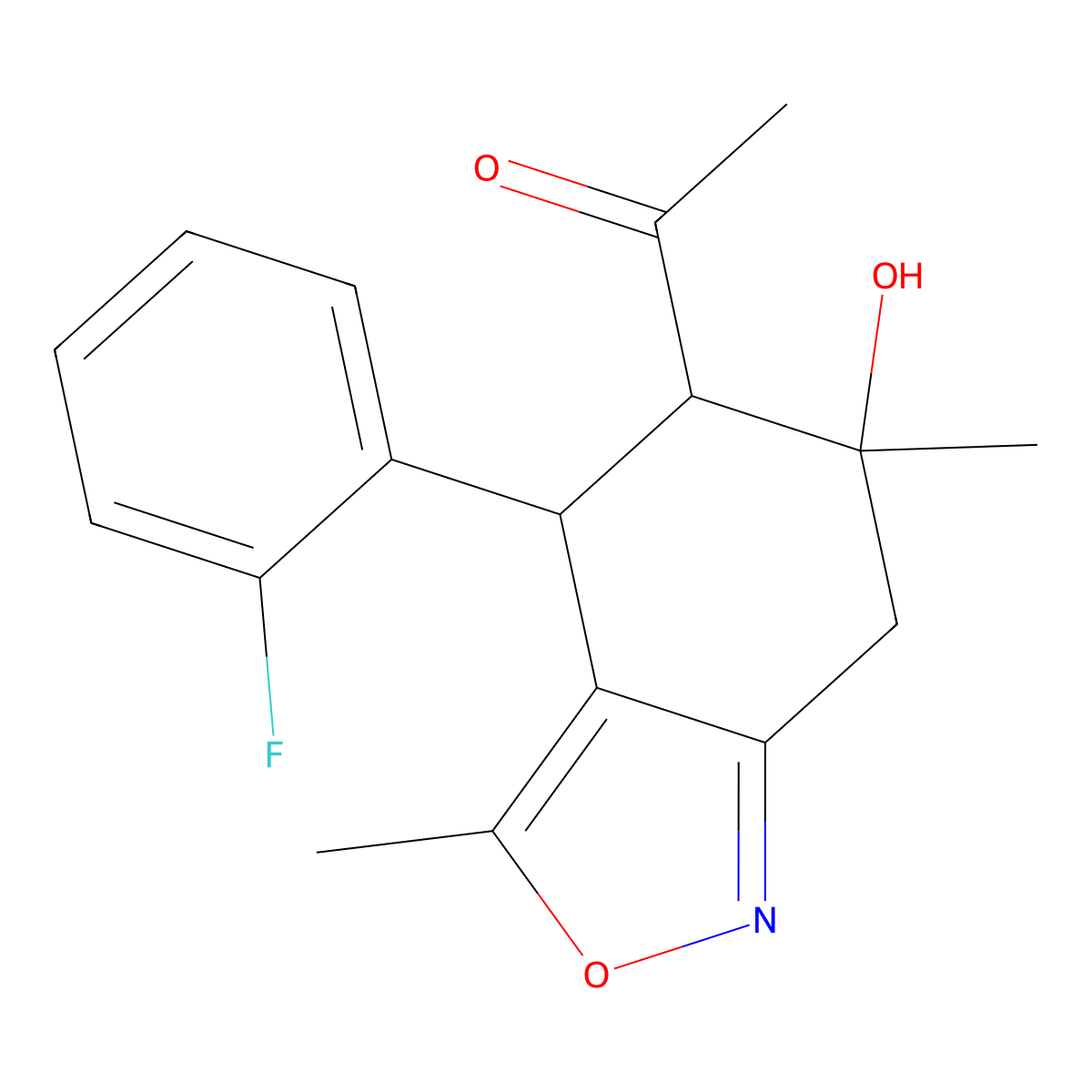 1-[4-(2-fluorophenyl)-6-hydroxy-3,6-dimethyl-5,7-dihydro-4H-2,1-benzoxazol-5-yl]ethanone molecular structure, CAS 6043-41-0