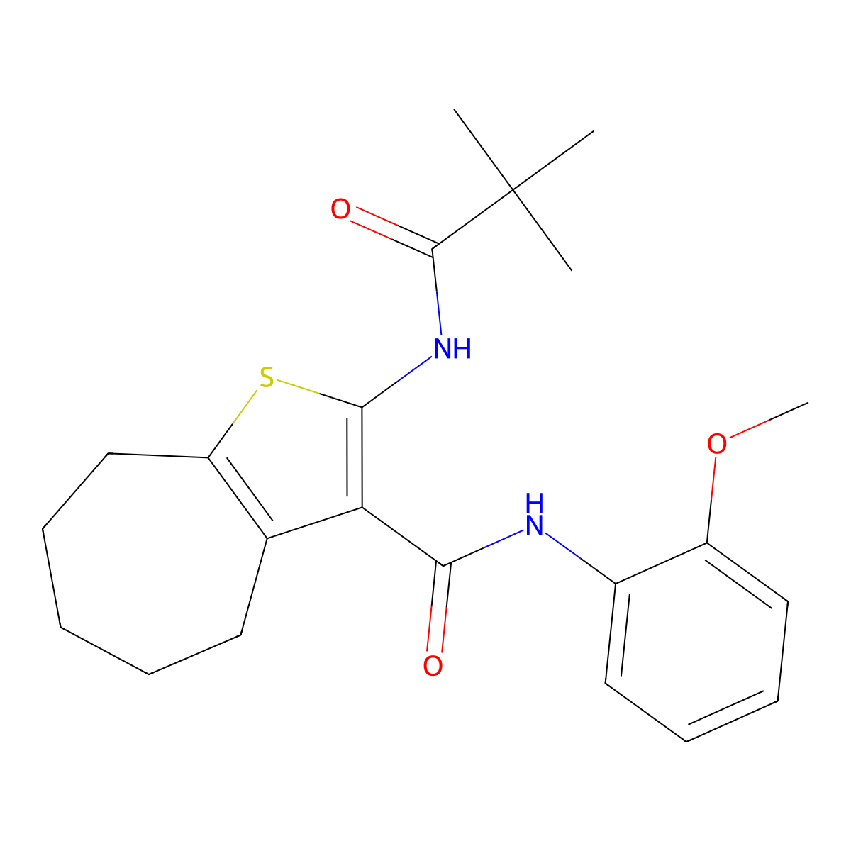 2-(2,2-dimethylpropanoylamino)-N-(2-methoxyphenyl)-5,6,7,8-tetrahydro-4H-cyclohepta[b]thiophene-3-carboxamide molecular structure, CAS 6043-45-4