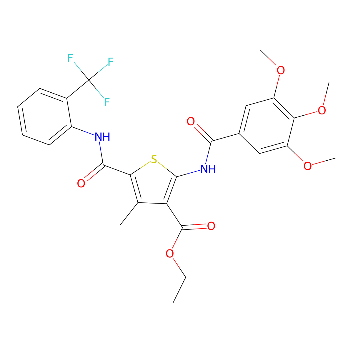 Ethyl 4-methyl-5-{[2-(trifluoromethyl)phenyl]carbamoyl}-2-(3,4,5-trimethoxybenzamido)thiophene-3-carboxylate molecular structure, CAS 6043-71-6