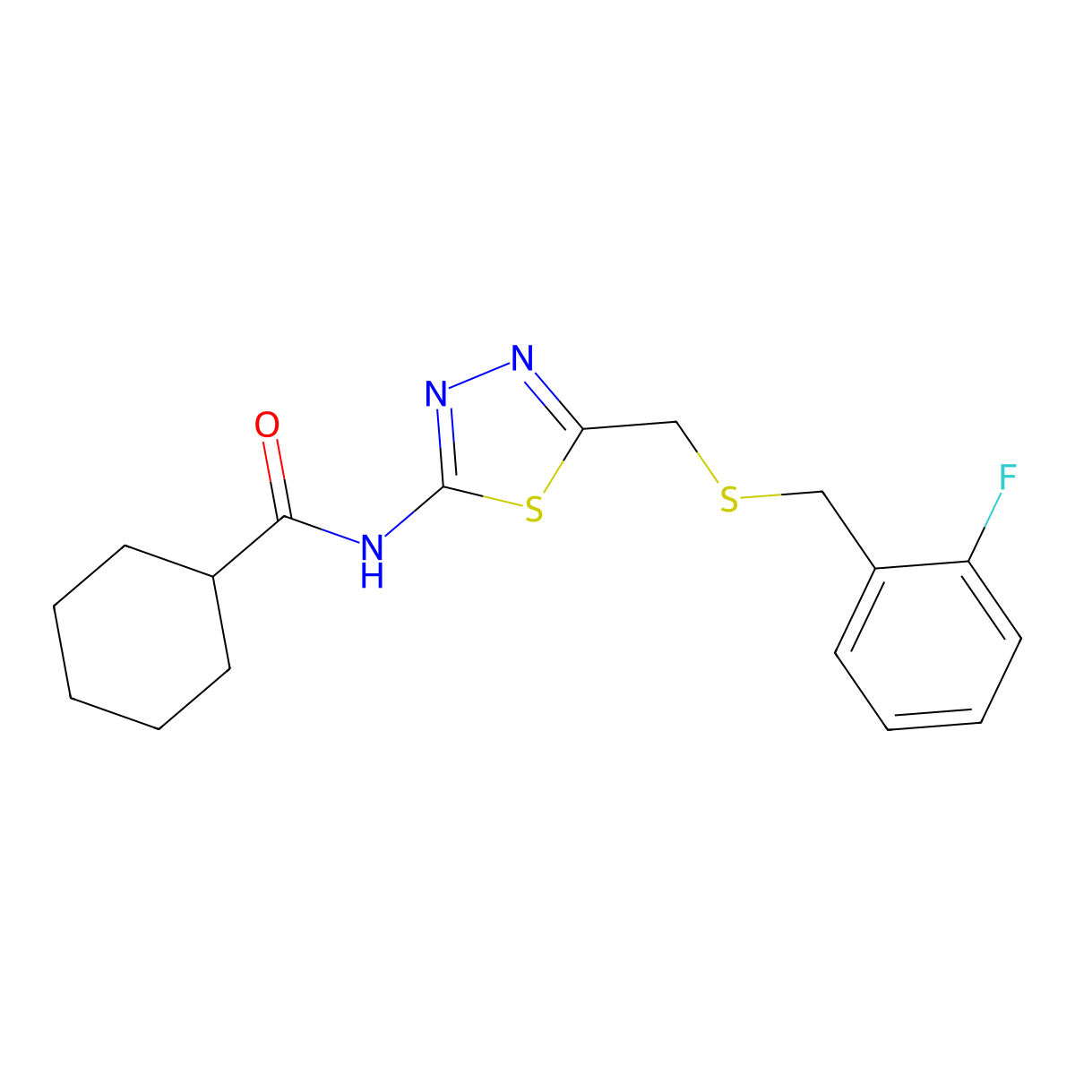 N-[5-[(2-fluorophenyl)methylsulfanylmethyl]-1,3,4-thiadiazol-2-yl]cyclohexanecarboxamide molecular structure, CAS 6044-21-9