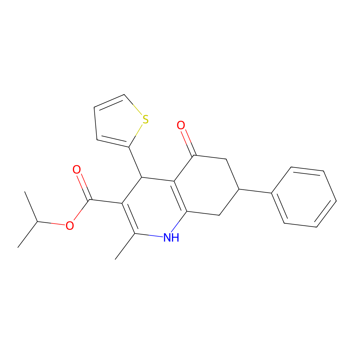 Isopropyl 2-methyl-5-oxo-7-phenyl-4-(2-thienyl)-1,4,5,6,7,8-hexahydro-3-quinolinecarboxylate molecular structure, CAS 6044-51-5
