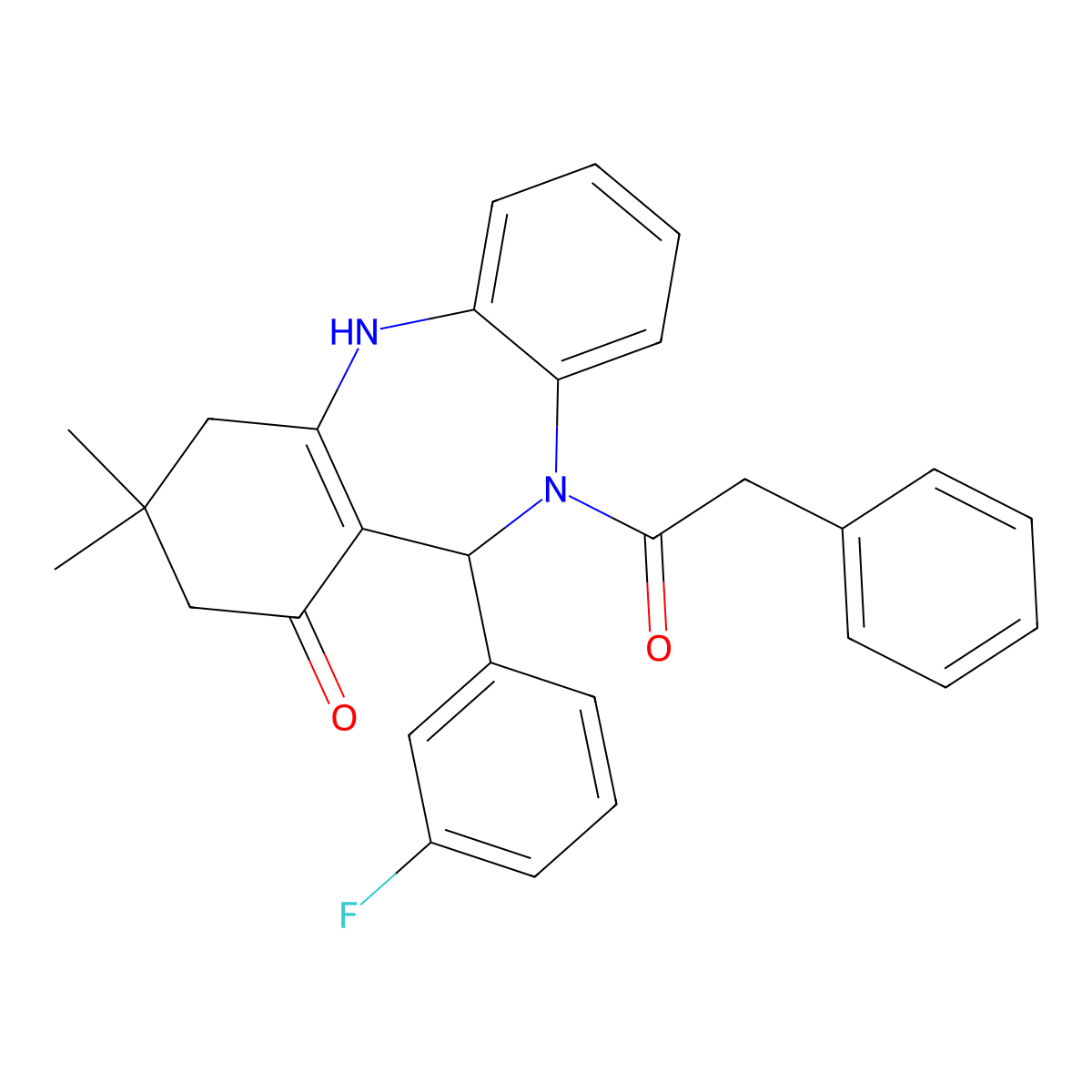 6-(3-Fluorophenyl)-9,9-dimethyl-5-(2-phenylacetyl)-6,8,10,11-tetrahydrobenzo[b][1,4]benzodiazepin-7-one molecular structure, CAS 6044-73-1