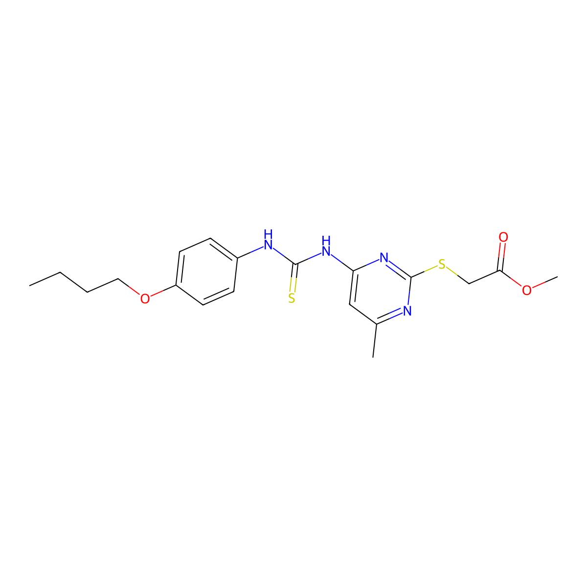 Methyl 2-[[4-[[[(4-butoxyphenyl)amino]thioxomethyl]amino]-6-methyl-2-pyrimidinyl]thio]acetate molecular structure, CAS 60458-81-3