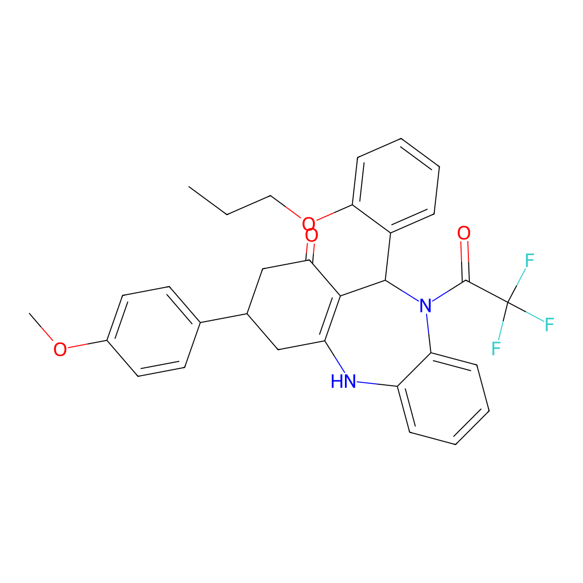 9-(4-methoxyphenyl)-6-(2-propoxyphenyl)-5-(2,2,2-trifluoroacetyl)-8,9,10,11-tetrahydro-6H-benzo[b][1,4]benzodiazepin-7-one molecular structure, CAS 6046-31-7