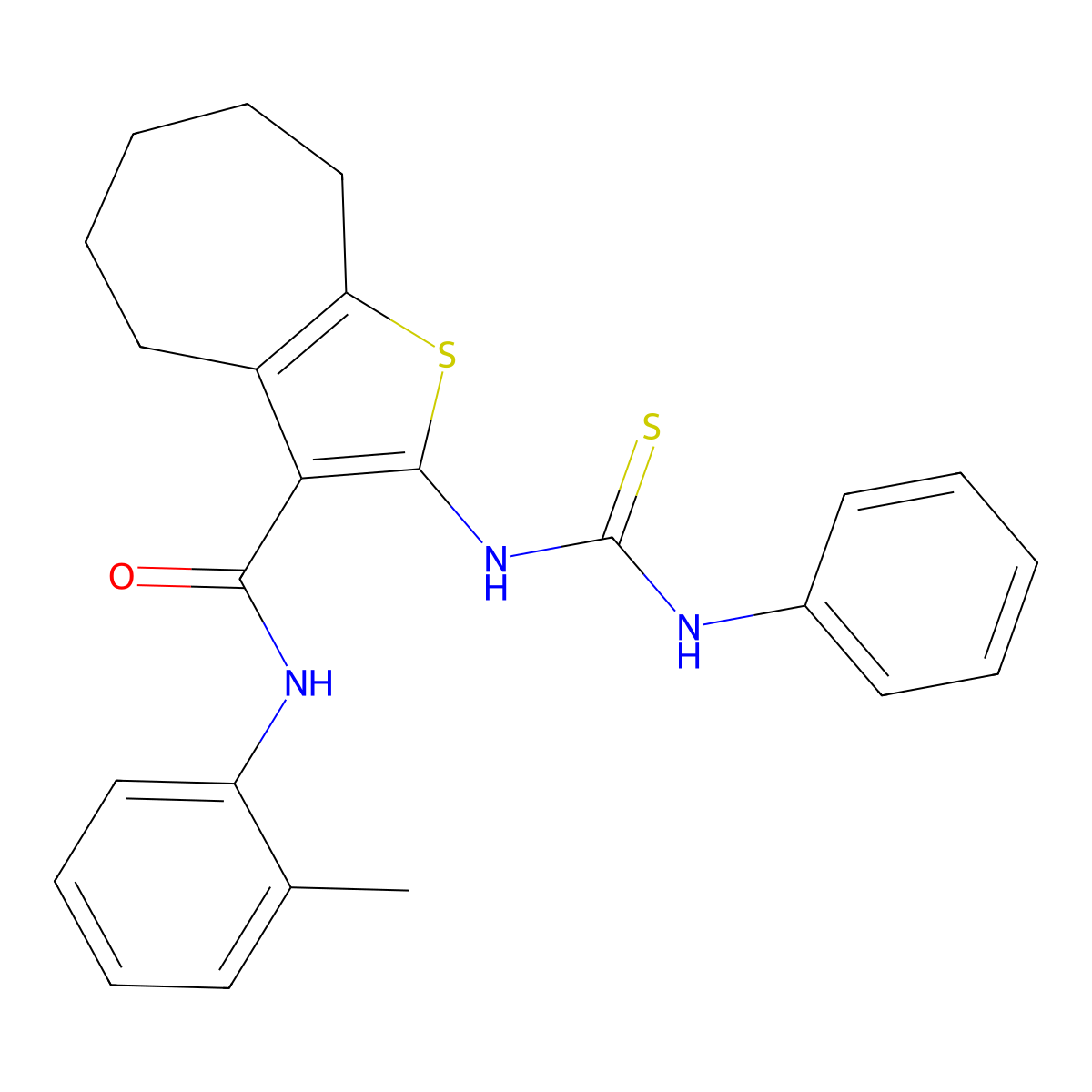 N-(2-methylphenyl)-2-(phenylcarbamothioylamino)-5,6,7,8-tetrahydro-4H-cyclohepta[b]thiophene-3-carboxamide molecular structure, CAS 6046-45-3