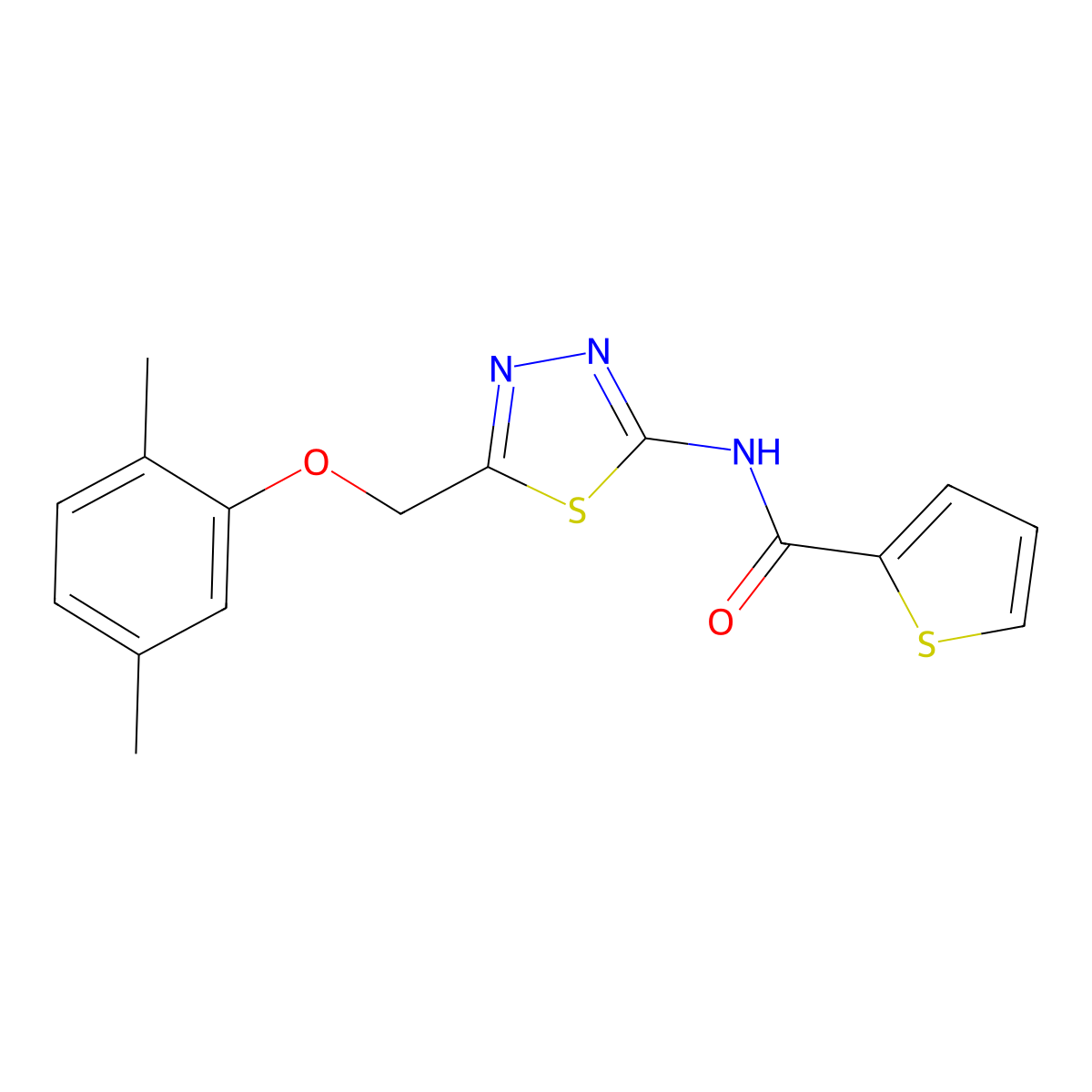N-[5-[(2,5-dimethylphenoxy)methyl]-1,3,4-thiadiazol-2-yl]thiophene-2-carboxamide molecular structure, CAS 6047-35-4