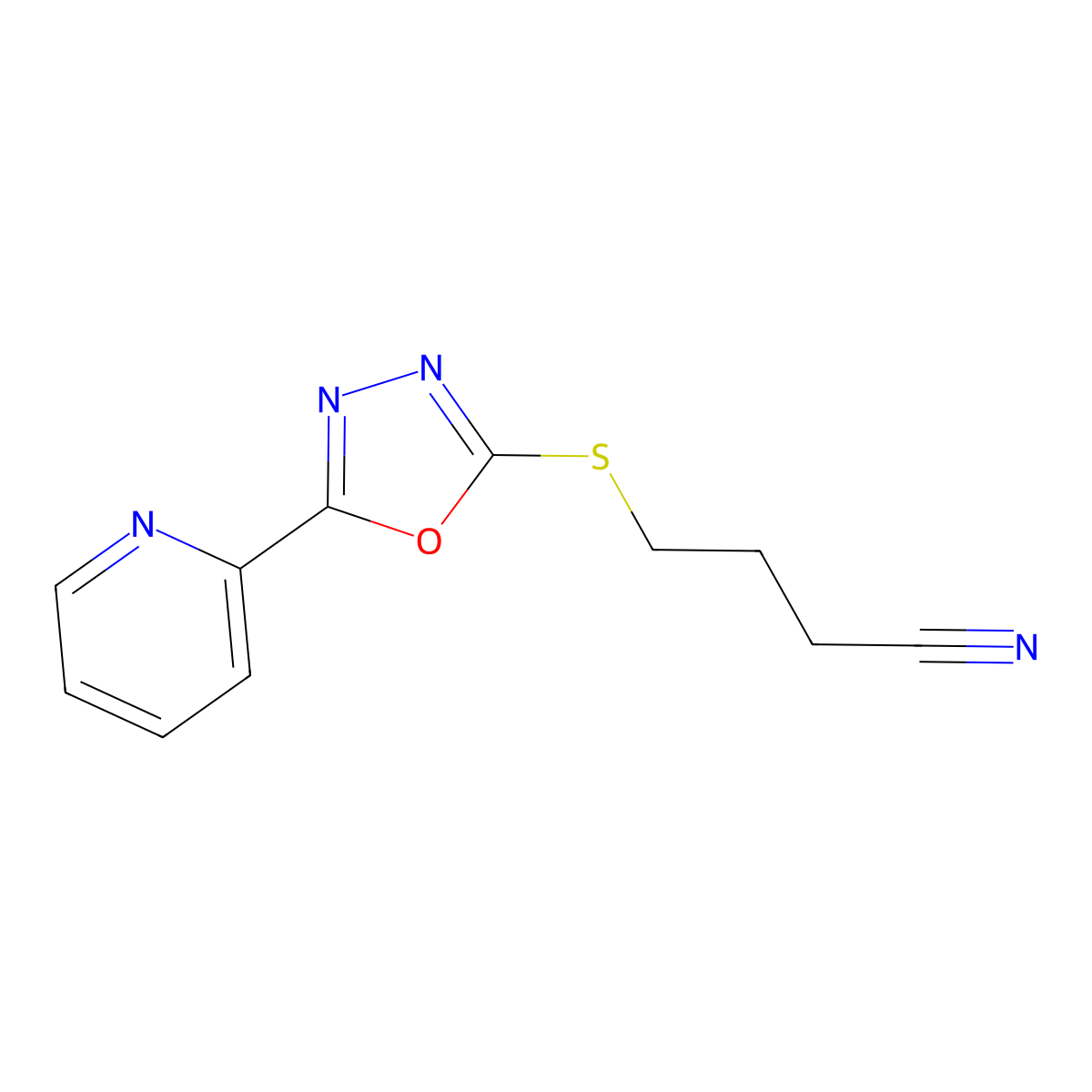 4-((5-(Pyridin-2-yl)-1,3,4-oxadiazol-2-yl)thio)butanenitrile molecular structure, CAS 604739-77-7