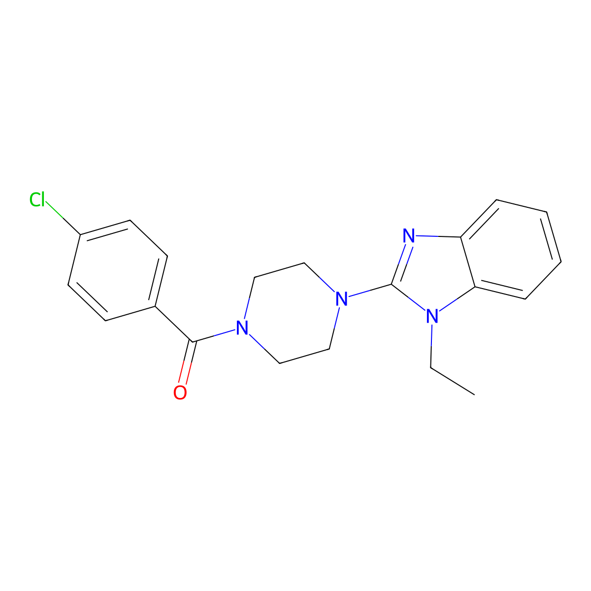 (4-Chloro-phenyl)-[4-(1-ethyl-1H-benzoimidazol-2-yl)-piperazin-1-yl]-methanone molecular structure, CAS 604741-82-4