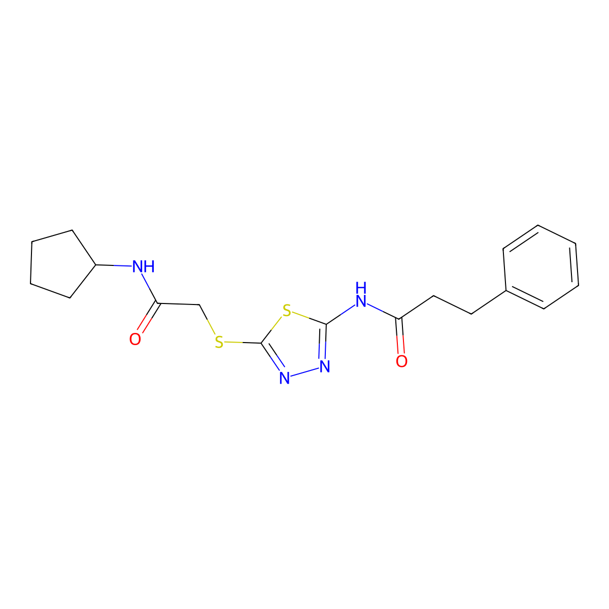N-(5-((2-(cyclopentylamino)-2-oxoethyl)thio)-1,3,4-thiadiazol-2-yl)-3-phenylpropanamide molecular structure, CAS 604746-12-5