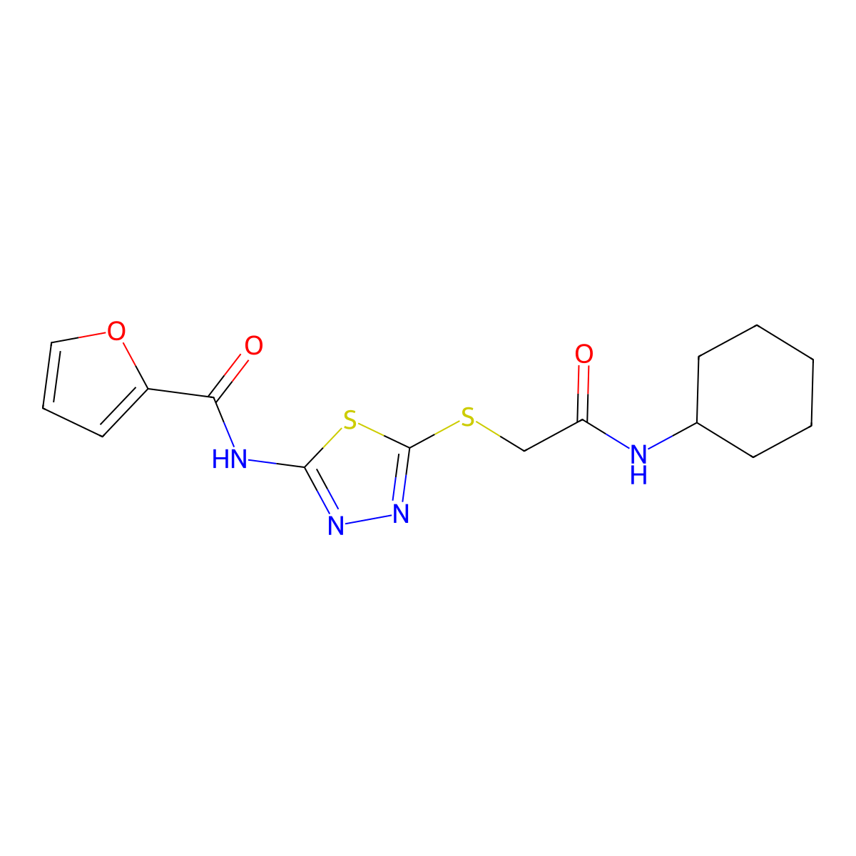 N-[5-[2-(cyclohexylamino)-2-oxoethyl]sulfanyl-1,3,4-thiadiazol-2-yl]furan-2-carboxamide molecular structure, CAS 604746-31-8