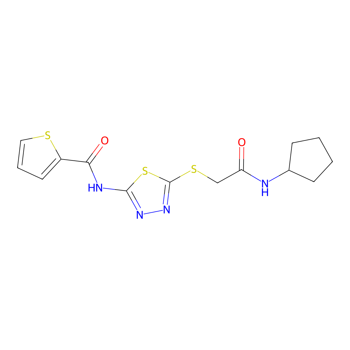 N-[5-[2-(cyclopentylamino)-2-oxoethyl]sulfanyl-1,3,4-thiadiazol-2-yl]thiophene-2-carboxamide molecular structure, CAS 604746-89-6