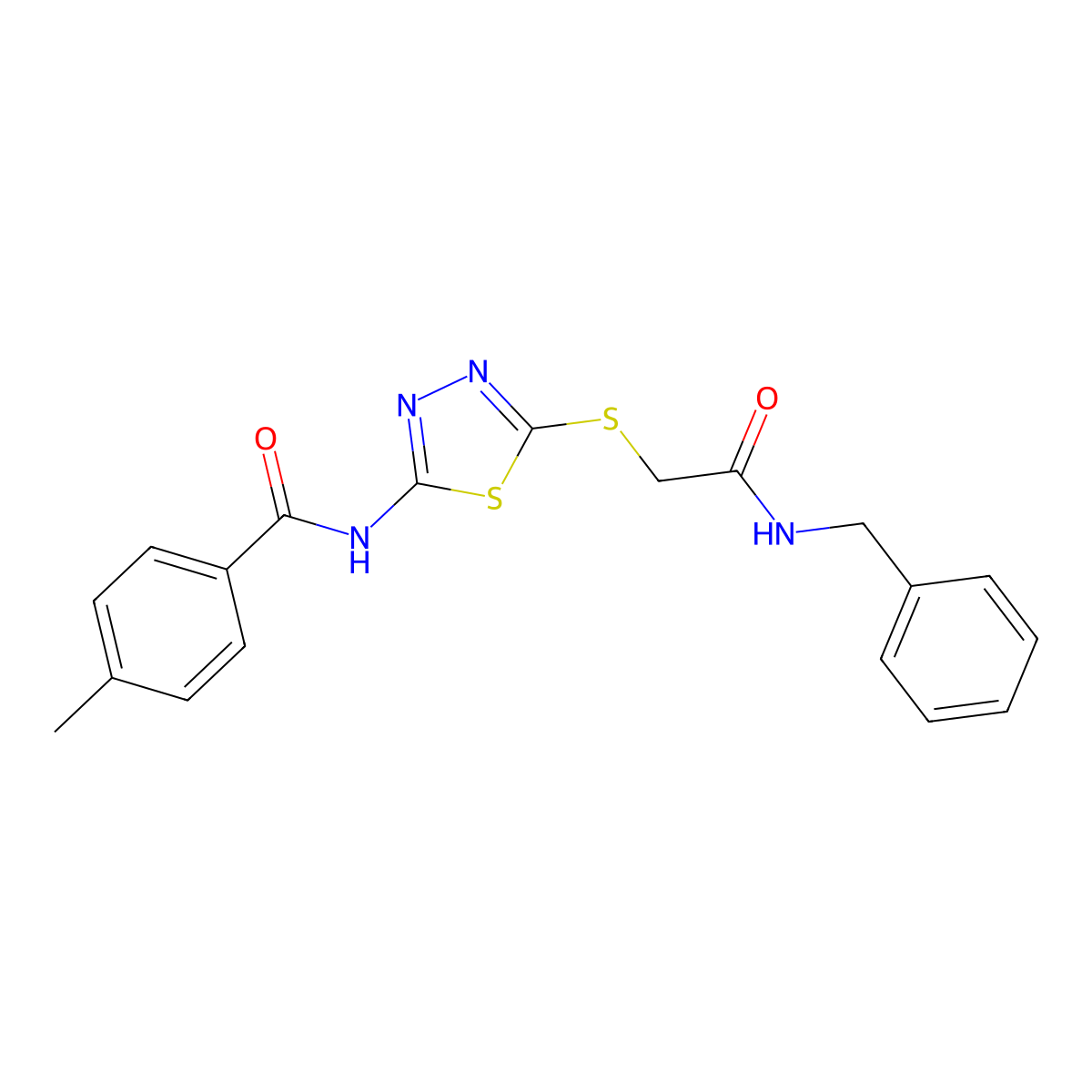 N-[5-[2-(benzylamino)-2-oxoethyl]sulfanyl-1,3,4-thiadiazol-2-yl]-4-methylbenzamide molecular structure, CAS 604747-26-4