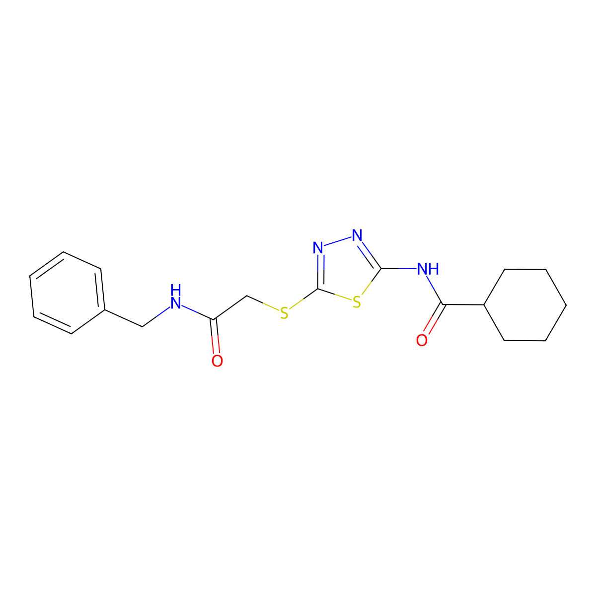N-(5-((2-(benzylamino)-2-oxoethyl)thio)-1,3,4-thiadiazol-2-yl)cyclohexanecarboxamide molecular structure, CAS 604747-34-4