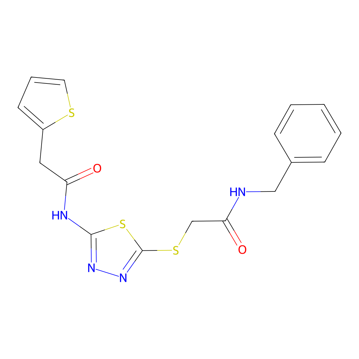 N-benzyl-2-((5-(2-(thiophen-2-yl)acetamido)-1,3,4-thiadiazol-2-yl)thio)acetamide molecular structure, CAS 604747-37-7
