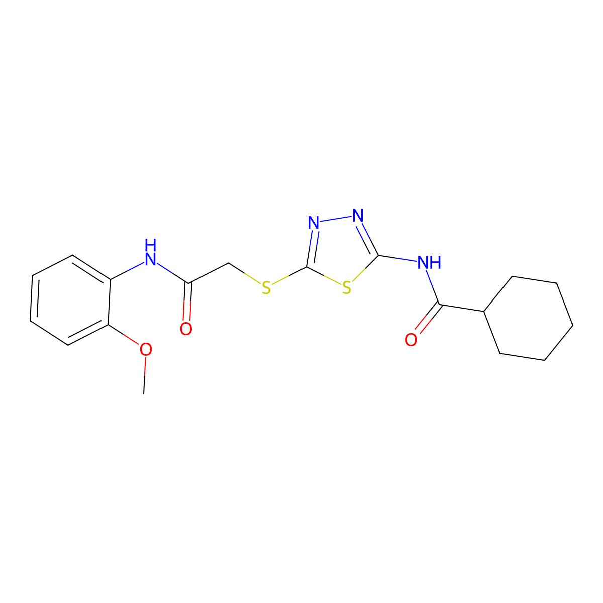 N-[5-[2-(2-methoxyanilino)-2-oxoethyl]sulfanyl-1,3,4-thiadiazol-2-yl]cyclohexanecarboxamide molecular structure, CAS 604747-98-0
