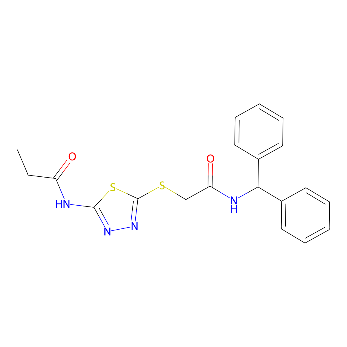 N-[5-[2-(benzhydrylamino)-2-oxoethyl]sulfanyl-1,3,4-thiadiazol-2-yl]propanamide molecular structure, CAS 604749-17-9