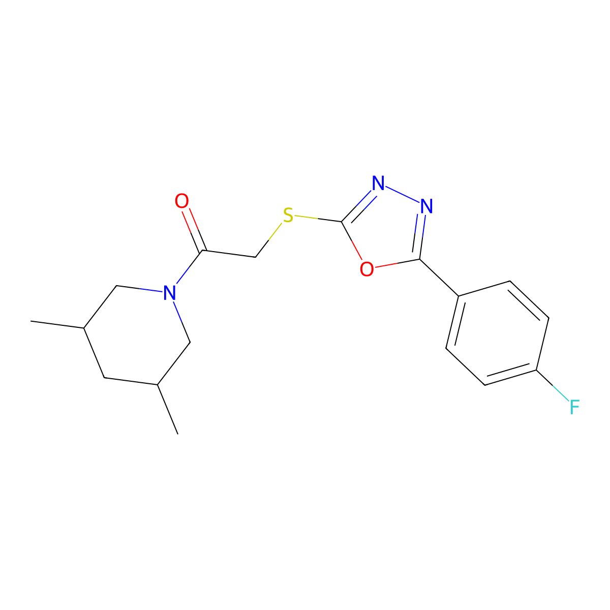 1-(3,5-Dimethylpiperidin-1-yl)-2-((5-(4-fluorophenyl)-1,3,4-oxadiazol-2-yl)thio)ethanone molecular structure, CAS 604760-57-8