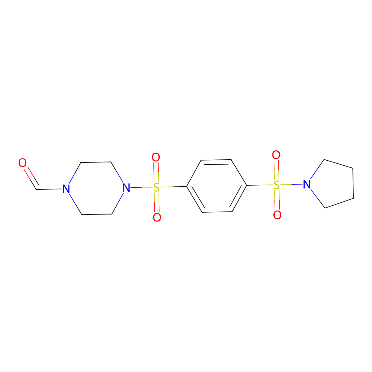1-Piperazinecarboxaldehyde, 4-[[4-(1-pyrrolidinylsulfonyl)phenyl]sulfonyl]- molecular structure, CAS 604761-71-9