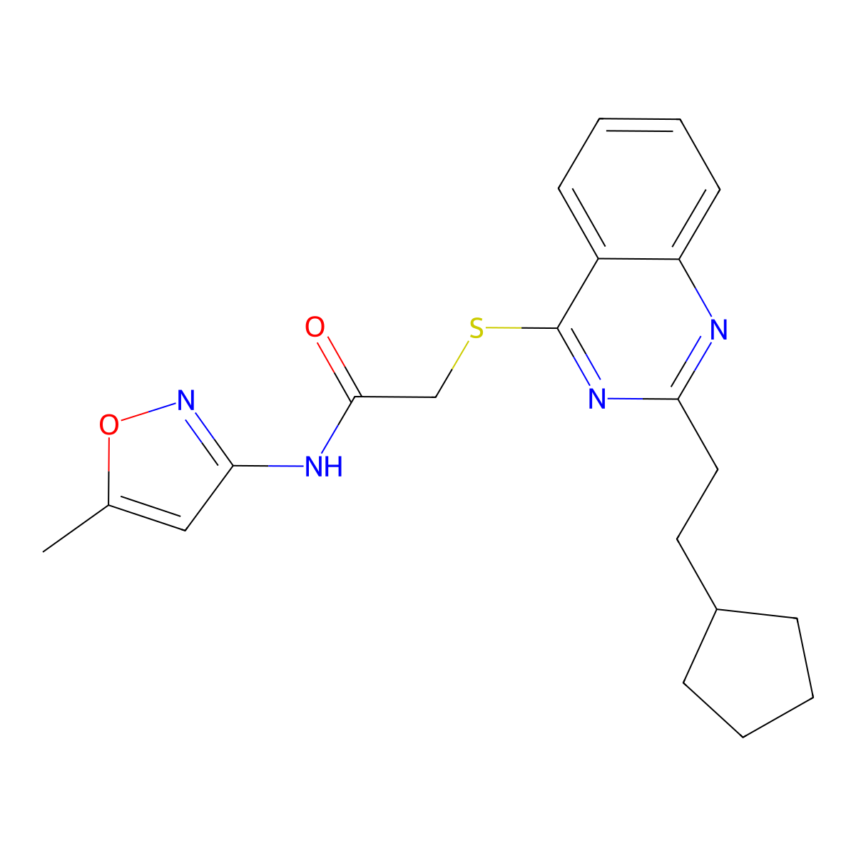 2-[2-(2-Cyclopentyl-ethyl)-quinazolin-4-ylsulfanyl]-N-(5-methyl-isoxazol-3-yl)-acetamide molecular structure, CAS 604795-07-5
