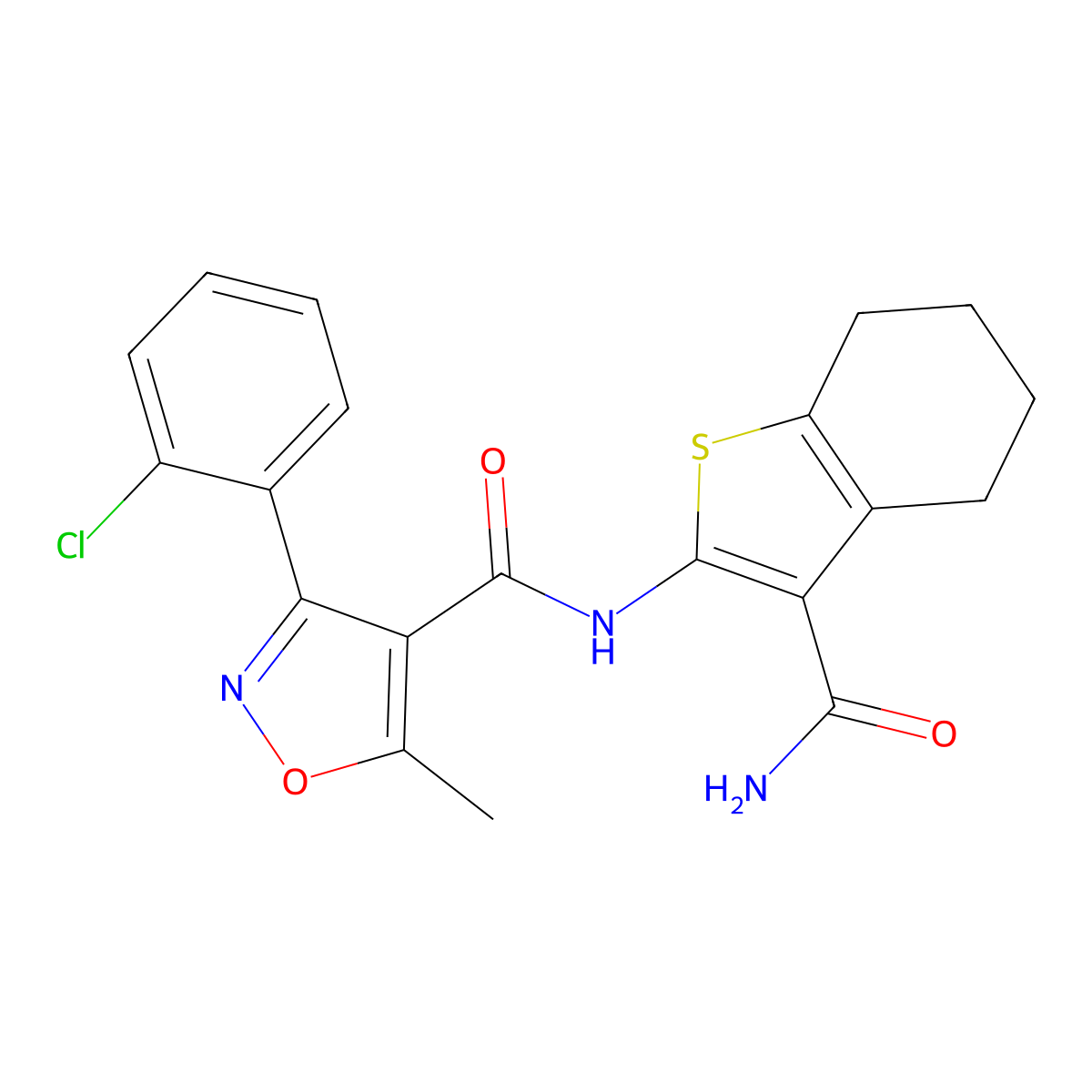N-(3-carbamoyl-4,5,6,7-tetrahydro-1-benzothiophen-2-yl)-3-(2-chlorophenyl)-5-methyl-1,2-oxazole-4-carboxamide molecular structure, CAS 6048-32-4