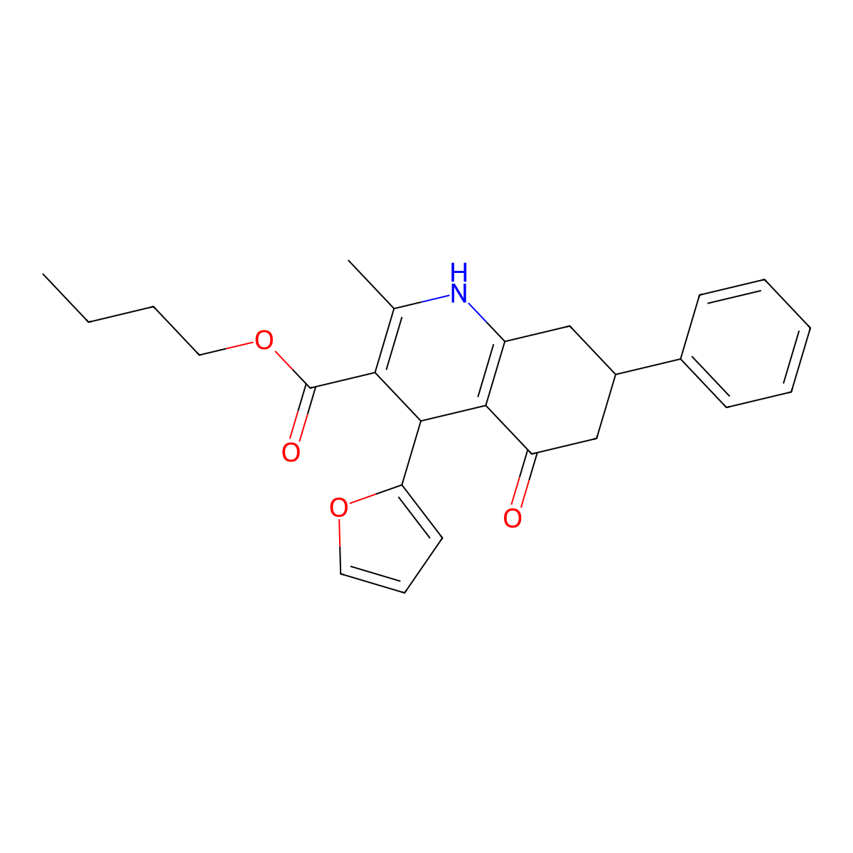 Butyl 4-(furan-2-yl)-2-methyl-5-oxo-7-phenyl-1,4,5,6,7,8-hexahydroquinoline-3-carboxylate molecular structure, CAS 6049-01-0