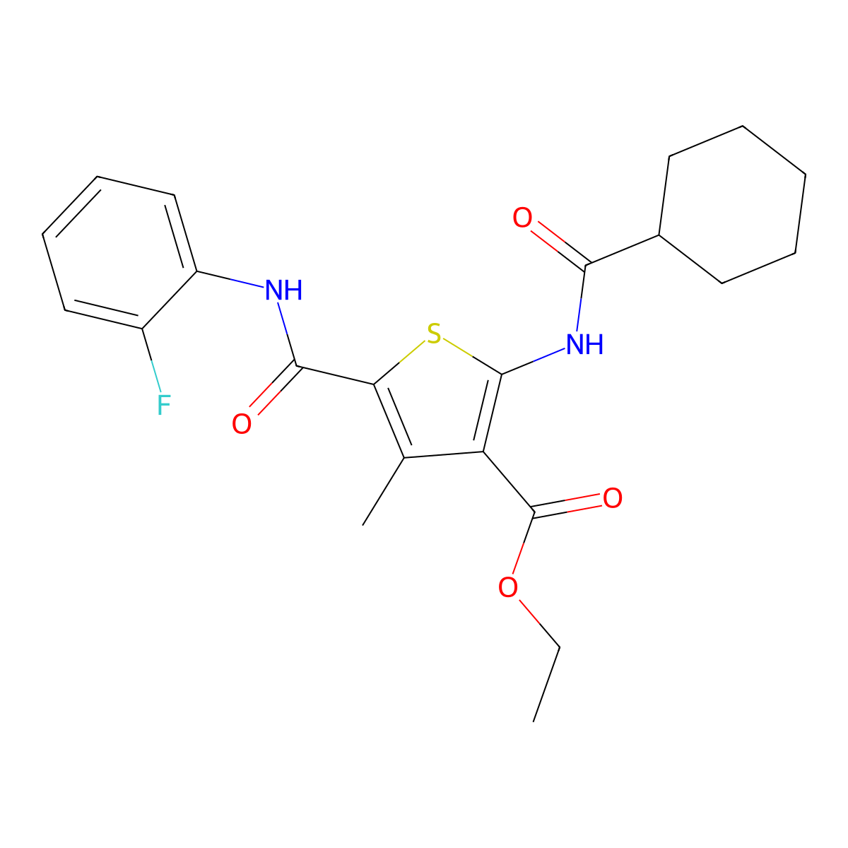 Ethyl 2-(cyclohexanecarbonylamino)-5-[(2-fluorophenyl)carbamoyl]-4-methylthiophene-3-carboxylate molecular structure, CAS 6050-43-7