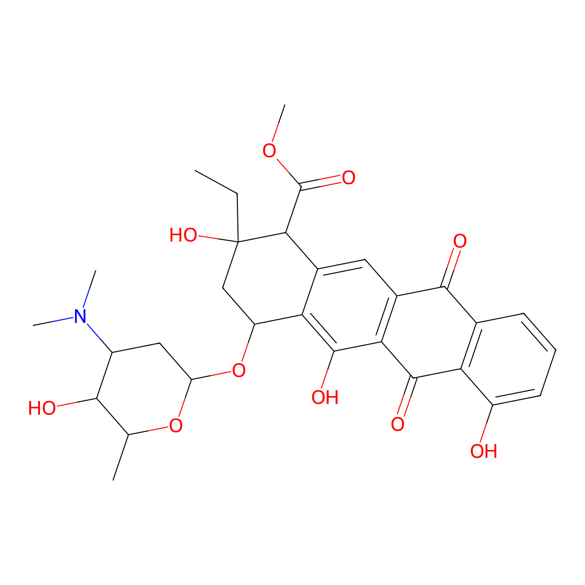 Methyl (1R,2R,4S)-2-ethyl-1,2,3,4,6,11-hexahydro-2,5,7-trihydroxy-6,11-dioxo-4-((2,3,6-trideoxy-3-(dimethylamino)-alpha-L-lyxo-hexopyranosyl)oxy)-1-naphthacenecarboxylate molecular structure, CAS 60504-57-6