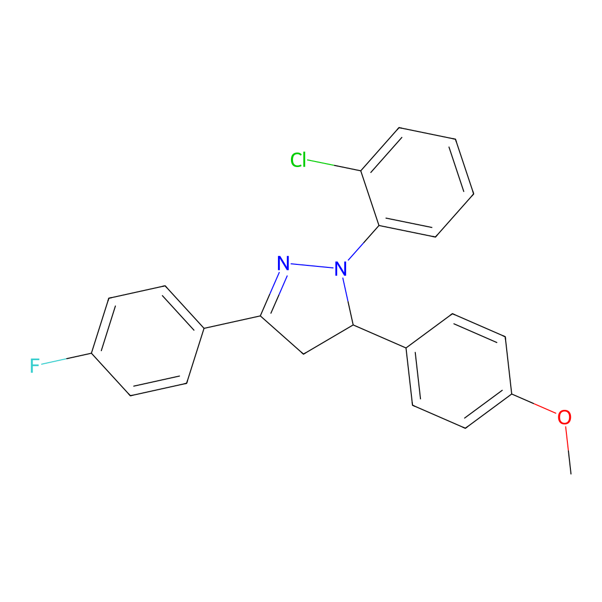 2-(2-Chlorophenyl)-5-(4-fluorophenyl)-3-(4-methoxyphenyl)-3,4-dihydropyrazole molecular structure, CAS 6051-75-8