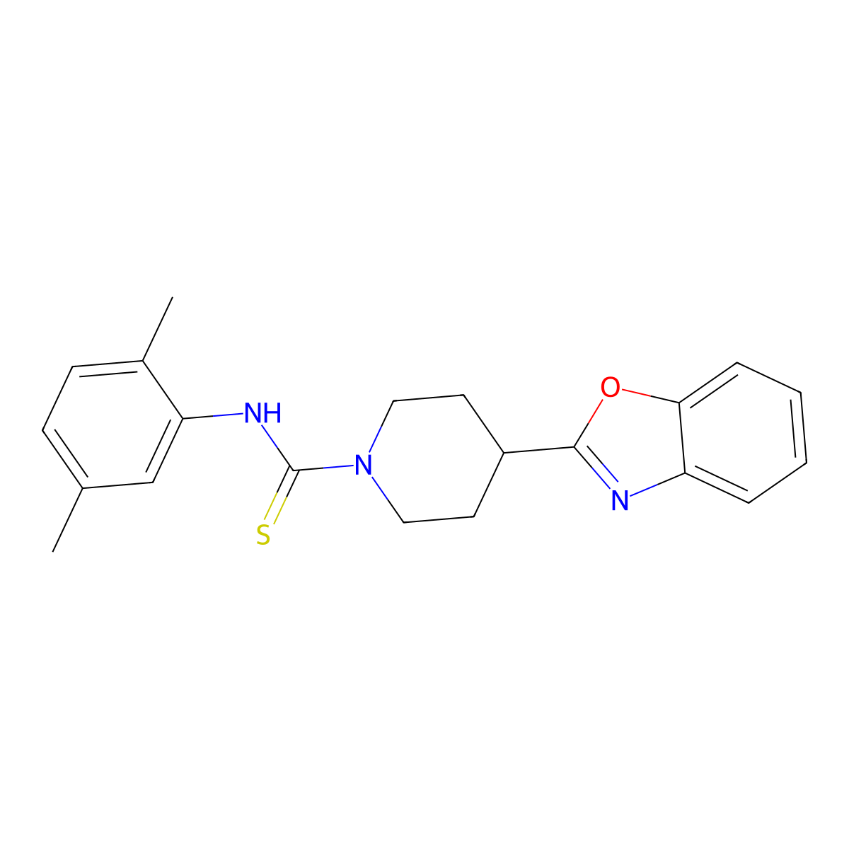 1-Piperidinecarbothioamide, 4-(2-benzoxazolyl)-N-(2,5-dimethylphenyl)- molecular structure, CAS 605628-36-2