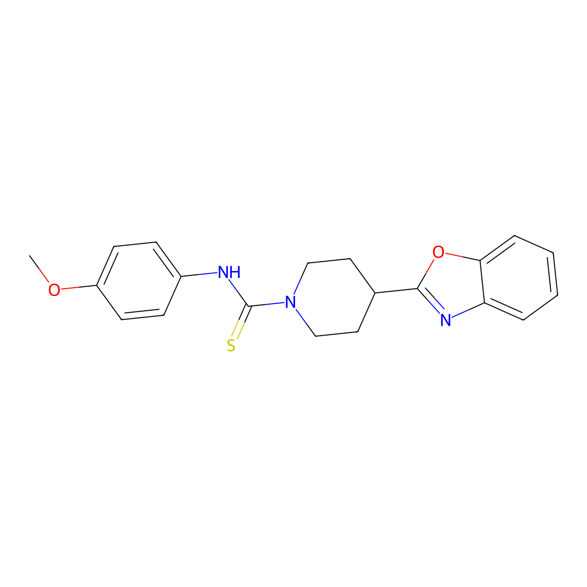 1-Piperidinecarbothioamide, 4-(2-benzoxazolyl)-N-(4-methoxyphenyl)- molecular structure, CAS 605628-73-7