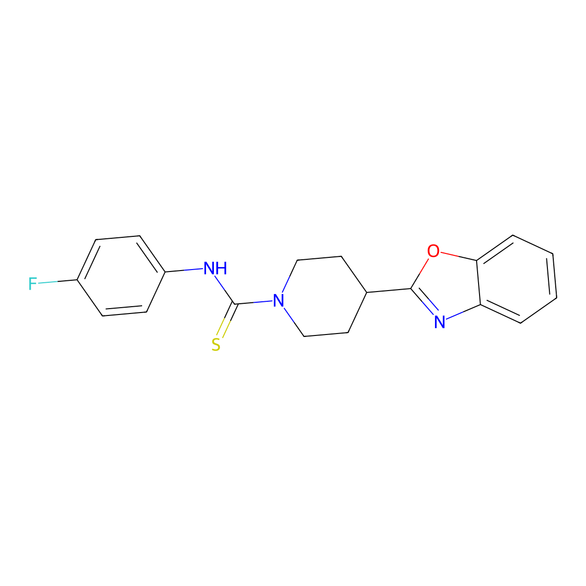 1-Piperidinecarbothioamide, 4-(2-benzoxazolyl)-N-(4-fluorophenyl)- molecular structure, CAS 605628-97-5