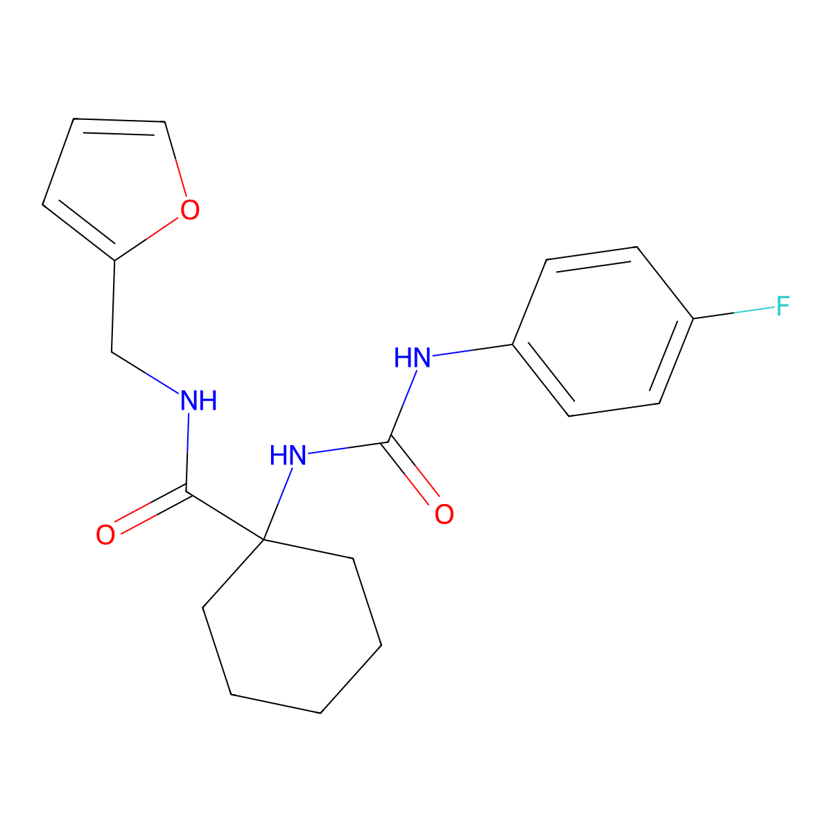 1-[3-(4-Fluoro-phenyl)-ureido]-cyclohexanecarboxylic acid (furan-2-ylmethyl)-amide molecular structure, CAS 605640-85-5