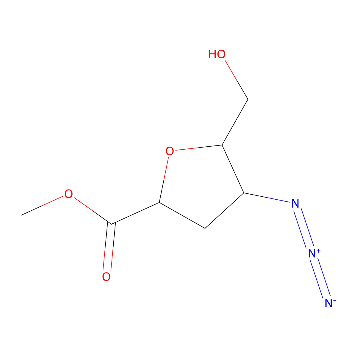methyl (2R,4S,5R)-4-azido-5-(hydroxymethyl)tetrahydrofuran-2-carboxylate molecular structure, CAS 605669-75-8