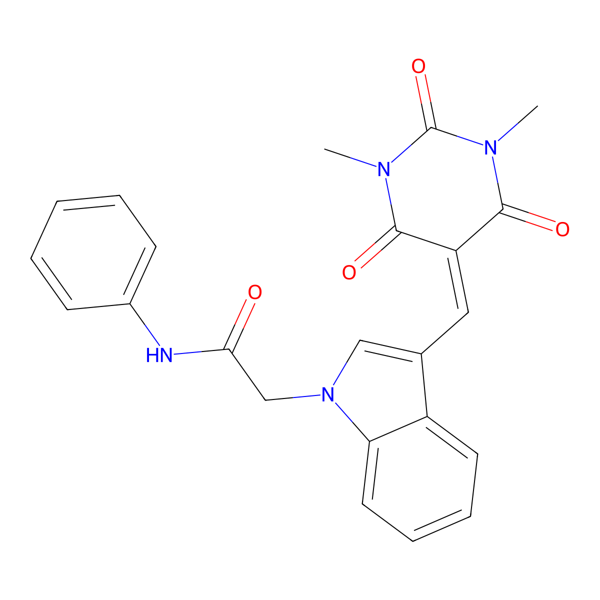 2-{3-[(1,3-dimethyl-2,4,6-trioxotetrahydropyrimidin-5(2H)-ylidene)methyl]-1H-indol-1-yl}-N-phenylacetamide molecular structure, CAS 6057-68-7