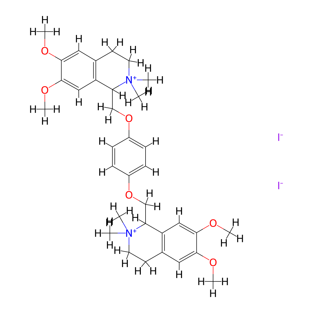 Isoquinolinium, 1,1'-(p-phenylenebis(oxymethylene))bis(1,2,3,4-tetrahydro-6,7-dimethoxy-2,2-dimethyl-, diiodide molecular structure, CAS 606-47-3