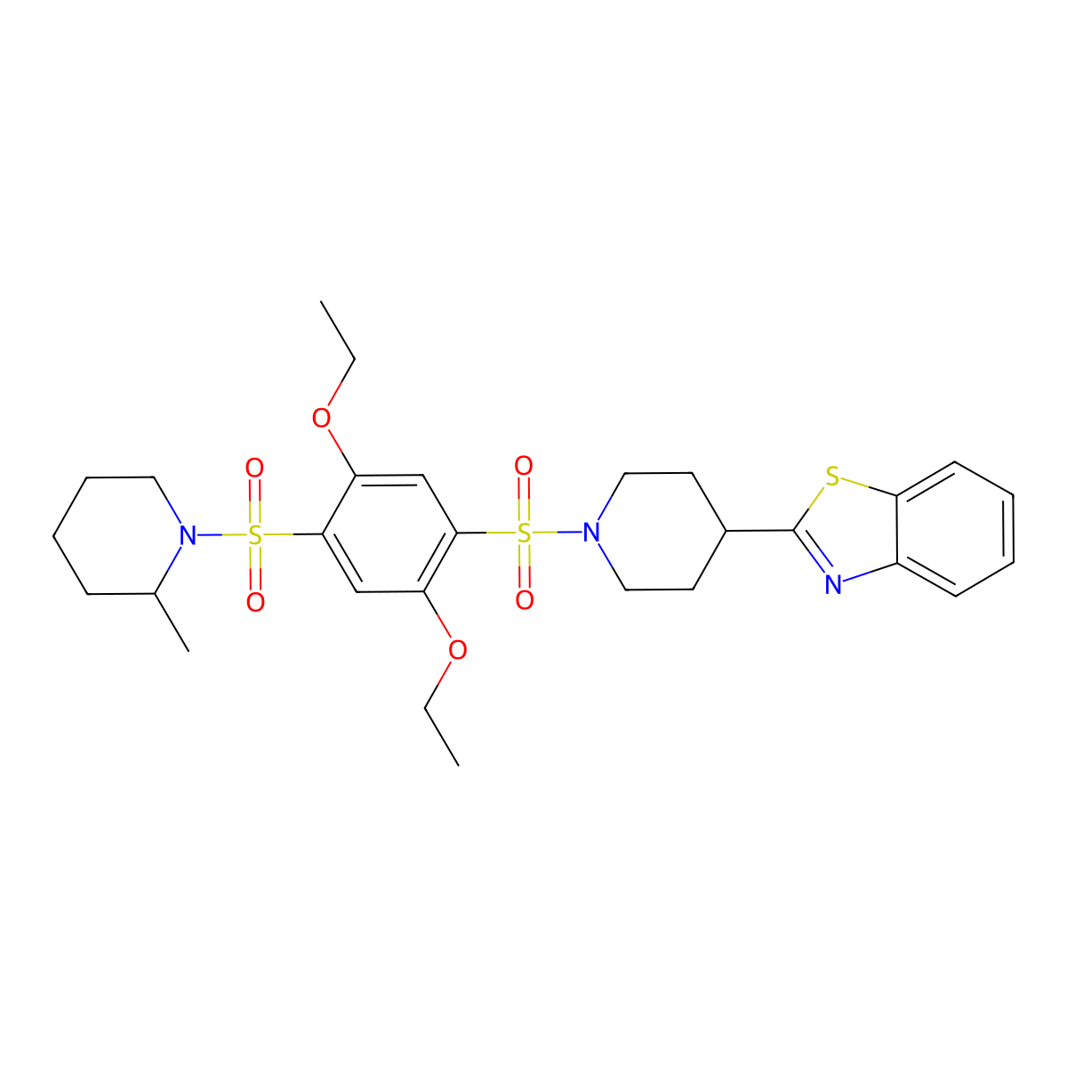 Piperidine, 1-[[4-[[4-(2-benzothiazolyl)-1-piperidinyl]sulfonyl]-2,5-diethoxyphenyl]sulfonyl]-2-methyl- molecular structure, CAS 606083-07-2